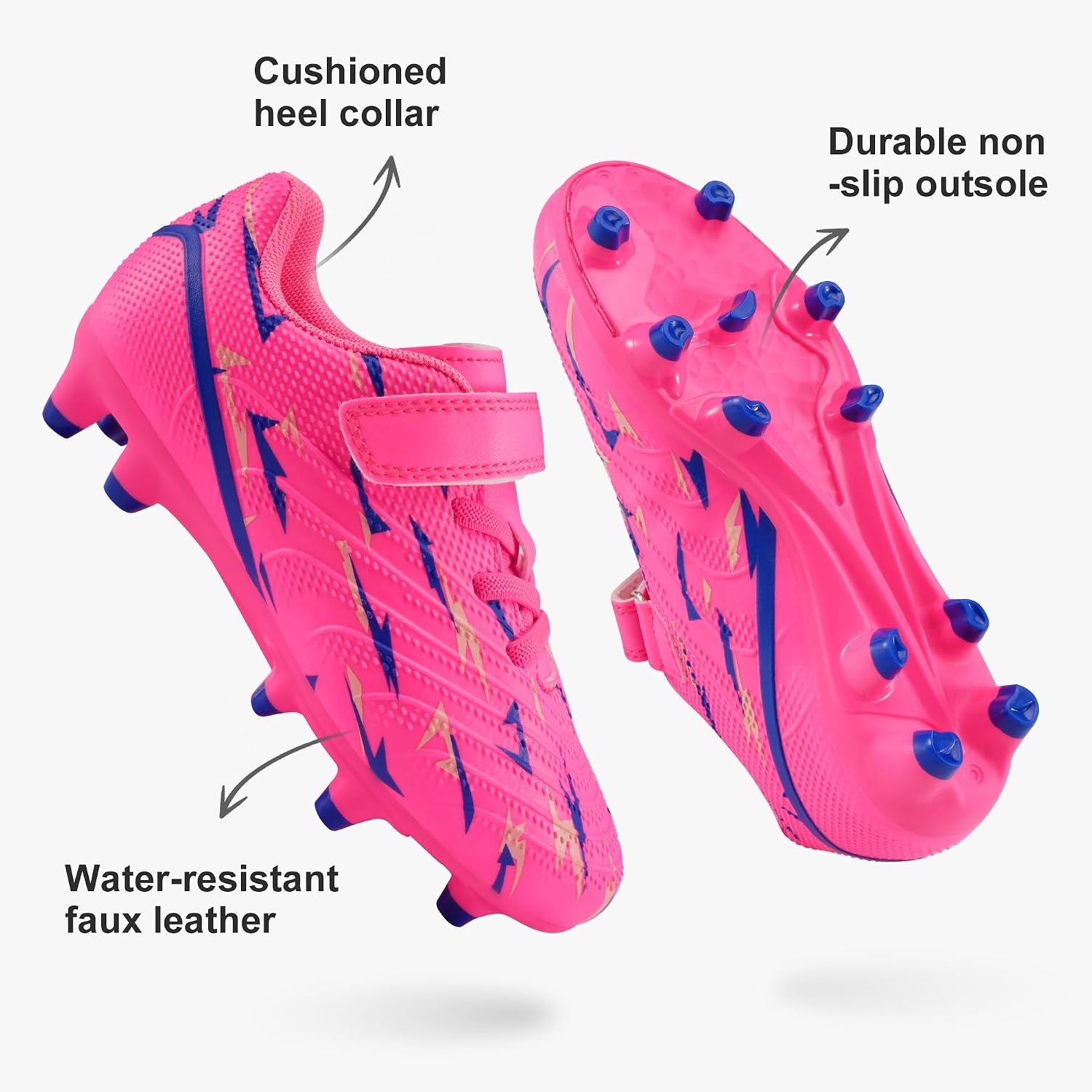 Stelle Boys Soccer Cleats for Kids Girls | Cushioned Comfort Breathable Lining Firm Ground Hook-and-Loop Strap Lightning Design Baseball&Softball Little to Big Kids(Neon Pink)