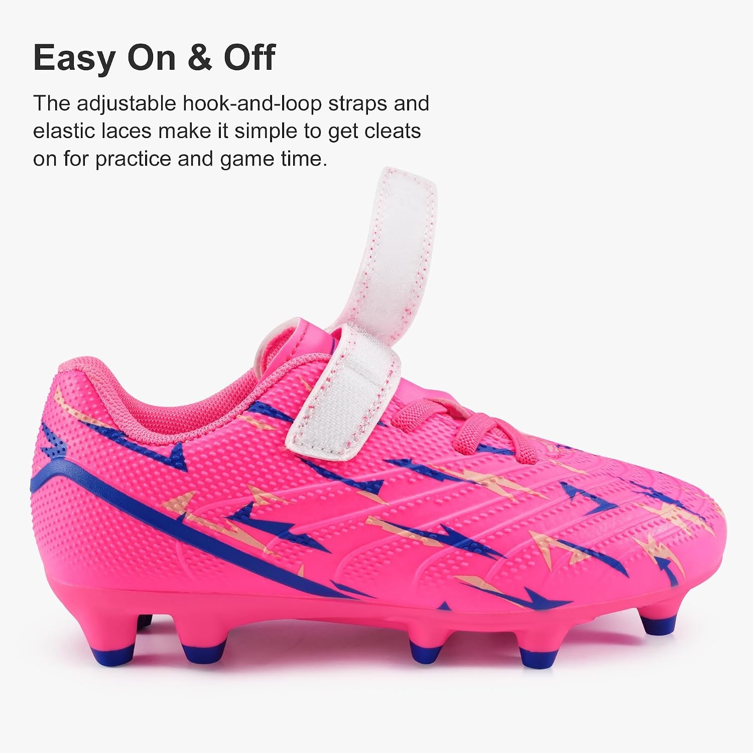 Stelle Boys Soccer Cleats for Kids Girls | Cushioned Comfort Breathable Lining Firm Ground Hook-and-Loop Strap Lightning Design Baseball&Softball Little to Big Kids(Neon Pink)