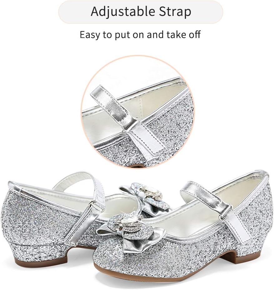 Stelle Girls Dress Shoes Glitter Princess Low Heels for Party Wedding Prom(T13-silver Glitter)