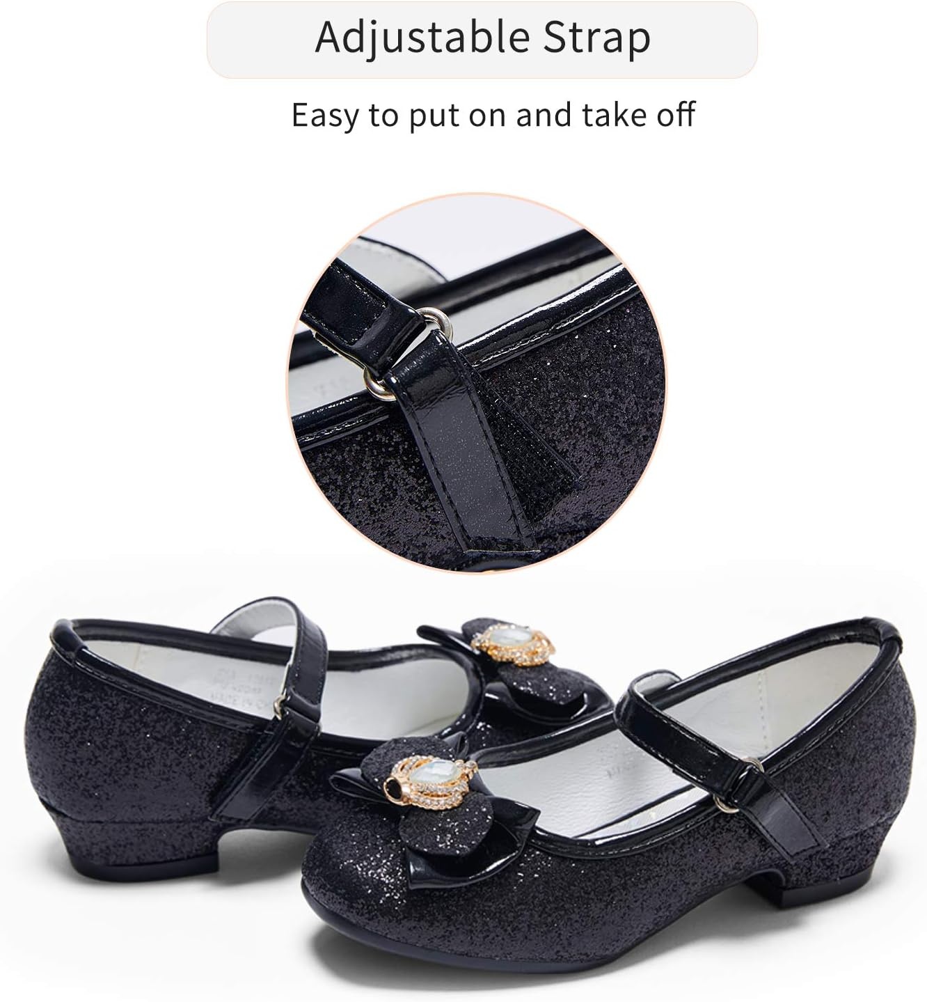 Stelle Girls Dress Shoes Glitter Princess Low Heels for Party Wedding Prom(T13-black Glitter)