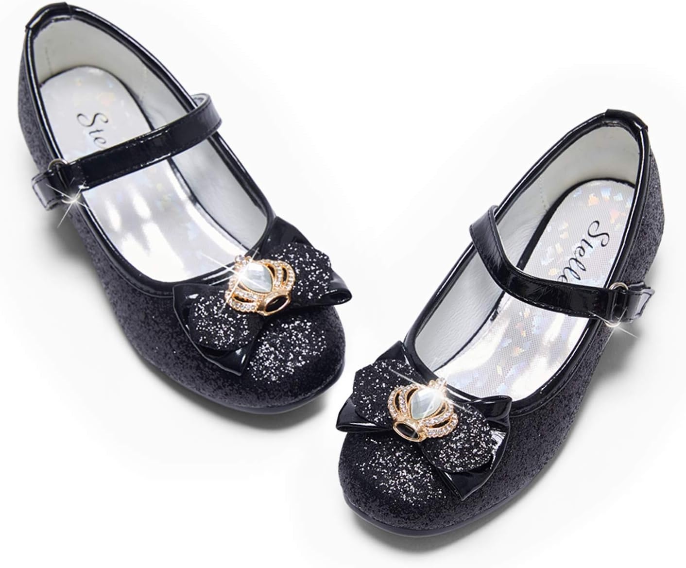 Stelle Girls Dress Shoes Glitter Princess Low Heels for Party Wedding Prom(T13-black Glitter)