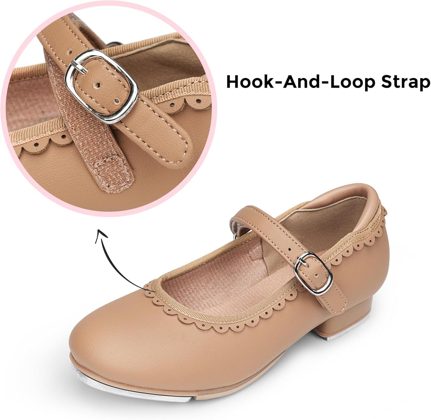 Stelle Tap Shoes for Toddler Girls Scallop Trim | Elegant scalloped design,Hidden hook-and-loop closure,Strap with faux buckle,Mary Jane style,Cushioned comfort(Tan)