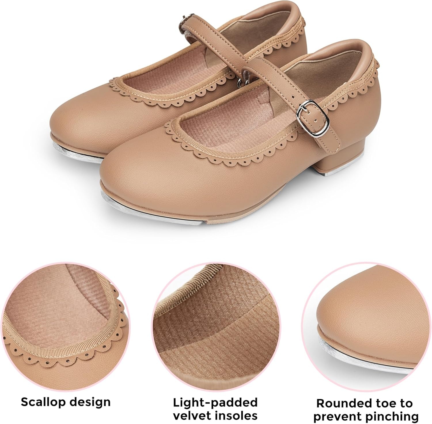 Stelle Tap Shoes for Toddler Girls Scallop Trim | Elegant scalloped design,Hidden hook-and-loop closure,Strap with faux buckle,Mary Jane style,Cushioned comfort(Tan)