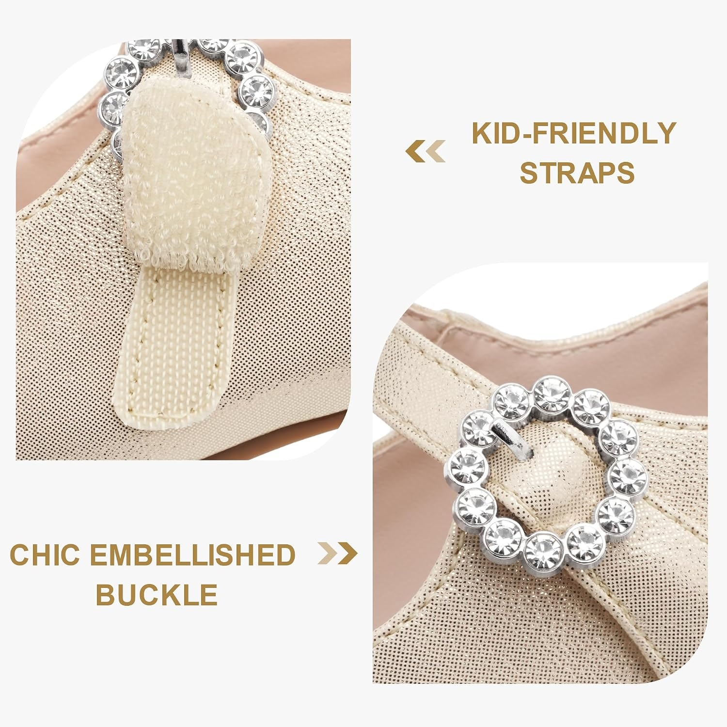 Stelle Girls Dress Shoes Rhinestone Buckle Mary Janes for School Wedding | Sparkle buckle detail, Hook-and-loop closure, Cushioned comfort, Flexible sole, Flower girl, Party, Flats, Low heels(Gold)