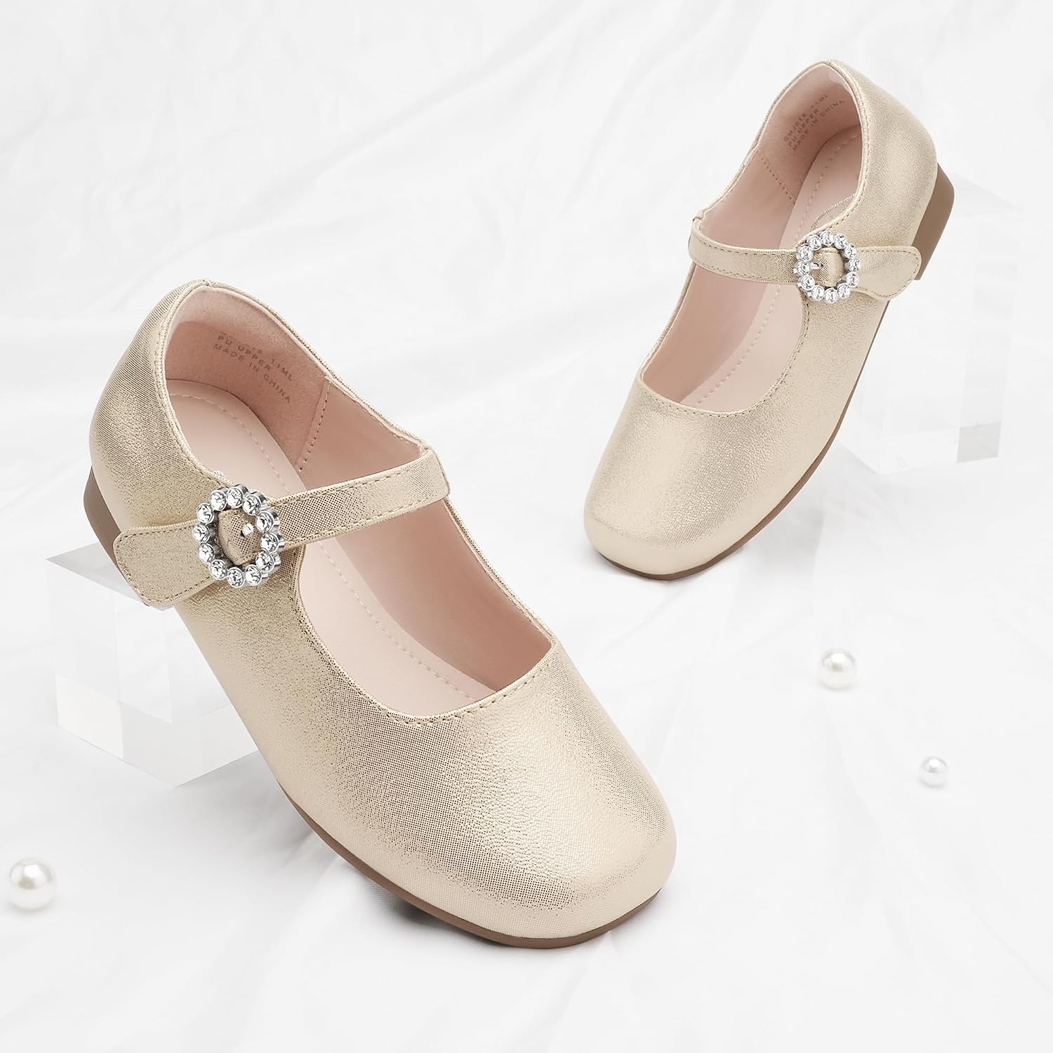 Stelle Girls Dress Shoes Rhinestone Buckle Mary Janes for School Wedding | Sparkle buckle detail, Hook-and-loop closure, Cushioned comfort, Flexible sole, Flower girl, Party, Flats, Low heels(Gold)