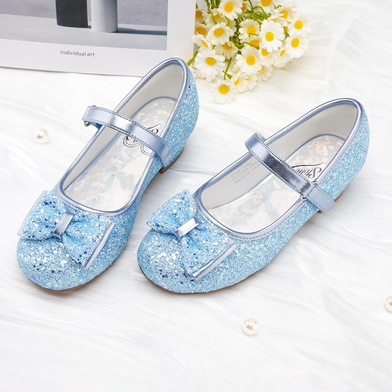 Stelle Girls Dress Shoes Glitter Princess Low Heels for Party Wedding Prom(T08-icy Blue)