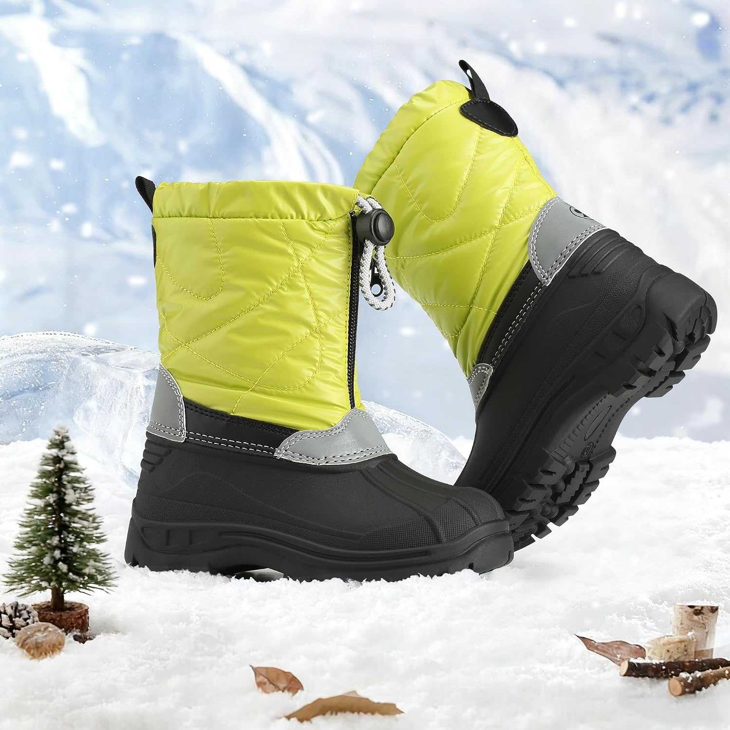 Stelle Girls Snow Boots with Zipper Kids Boys Winter Outdoor Boots | Non-Slip Waterproof TPR Outsole Warm Faux Fur Insulated Lining Easy On/off Cozy Mid-calf Fit with Bungee Adjuster for Toddler(Neon Green)