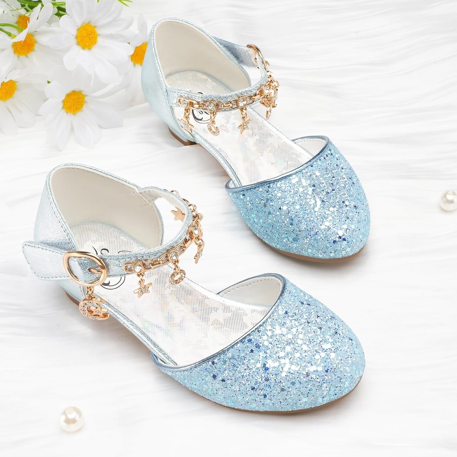 Stelle Girls Glitter Charm Dress Shoes Sequins Princess Heels for Party | Sparkle finish, Decorative charms, Cushioned comfort, Flexible outsole, Dress-up, Special occasions, Comfortable fit(Elsa Blue)