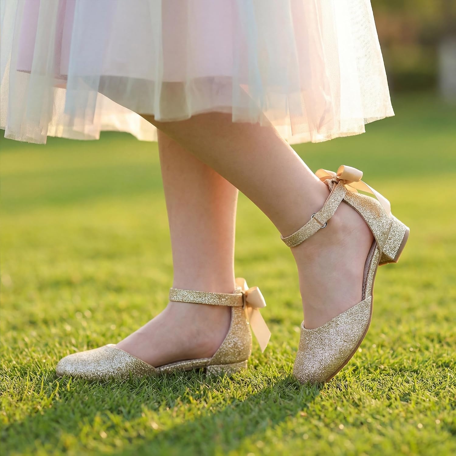 Stelle Girls Low Heel Dress Shoes with Detachable Bow for Wedding Party | Removable bow, Princess shoes, Flower girl, Dress occasions, PU finish, Glitter finish, Ankle Strap, Closed Toe, Toddler(Gold)