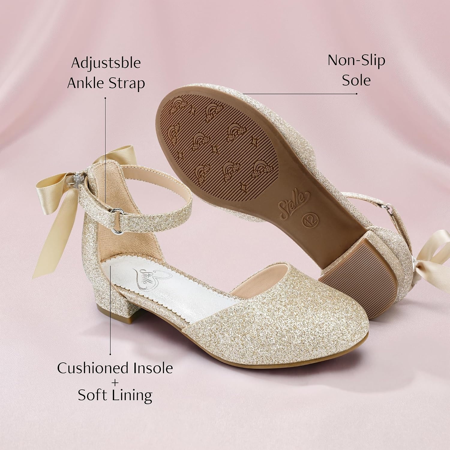 Stelle Girls Low Heel Dress Shoes with Detachable Bow for Wedding Party | Removable bow, Princess shoes, Flower girl, Dress occasions, PU finish, Glitter finish, Ankle Strap, Closed Toe, Toddler(Gold)