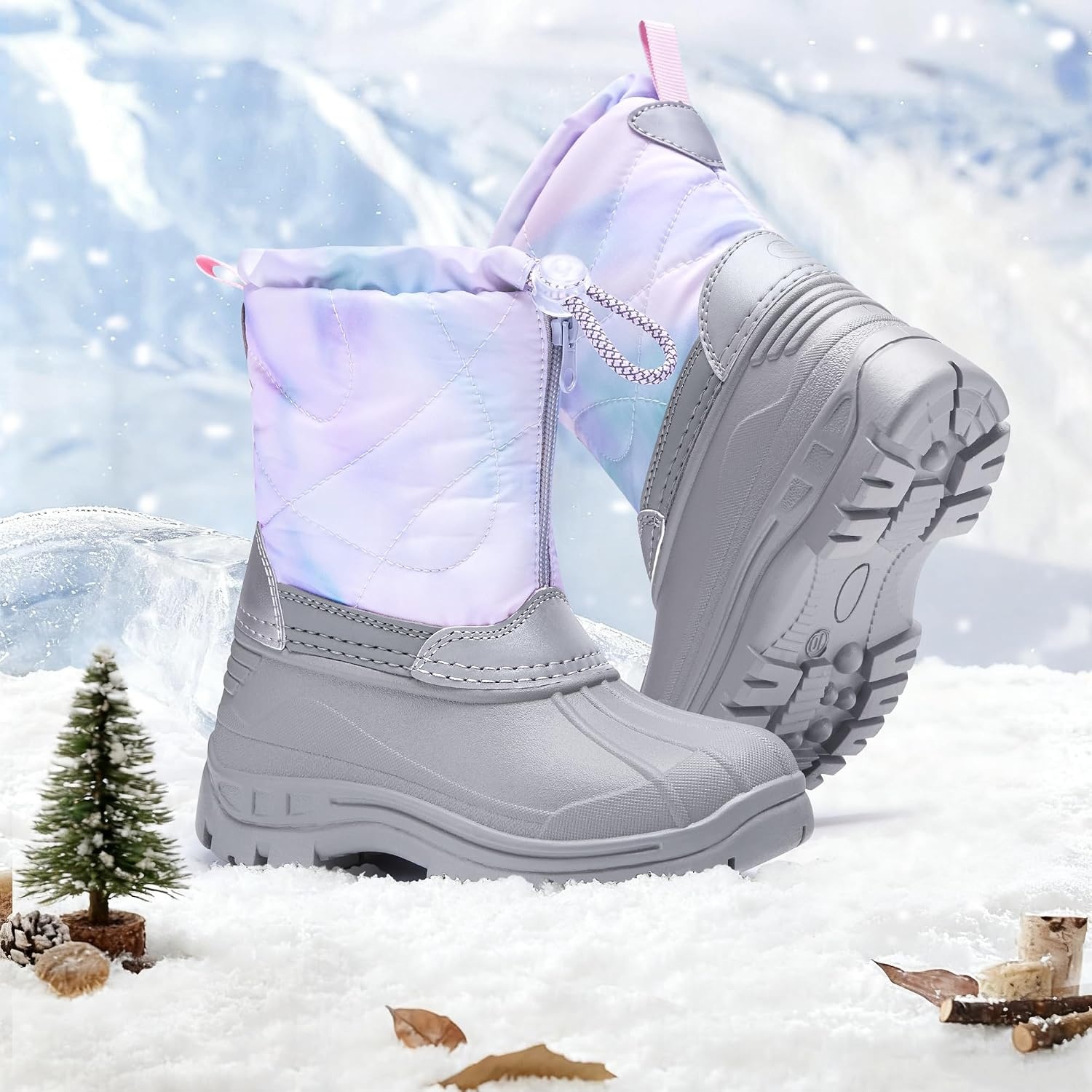 Stelle Girls Snow Boots with Zipper Kids Boys Winter Outdoor Boots(Mermaid Marble)