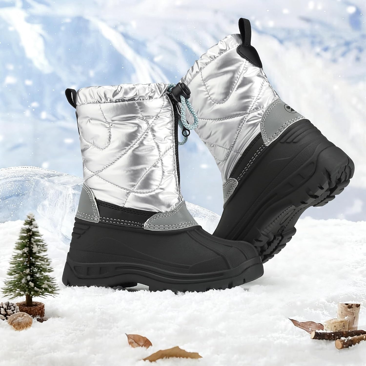 Stelle Girls Snow Boots with Zipper Kids Boys Winter Outdoor Boots(Silver)