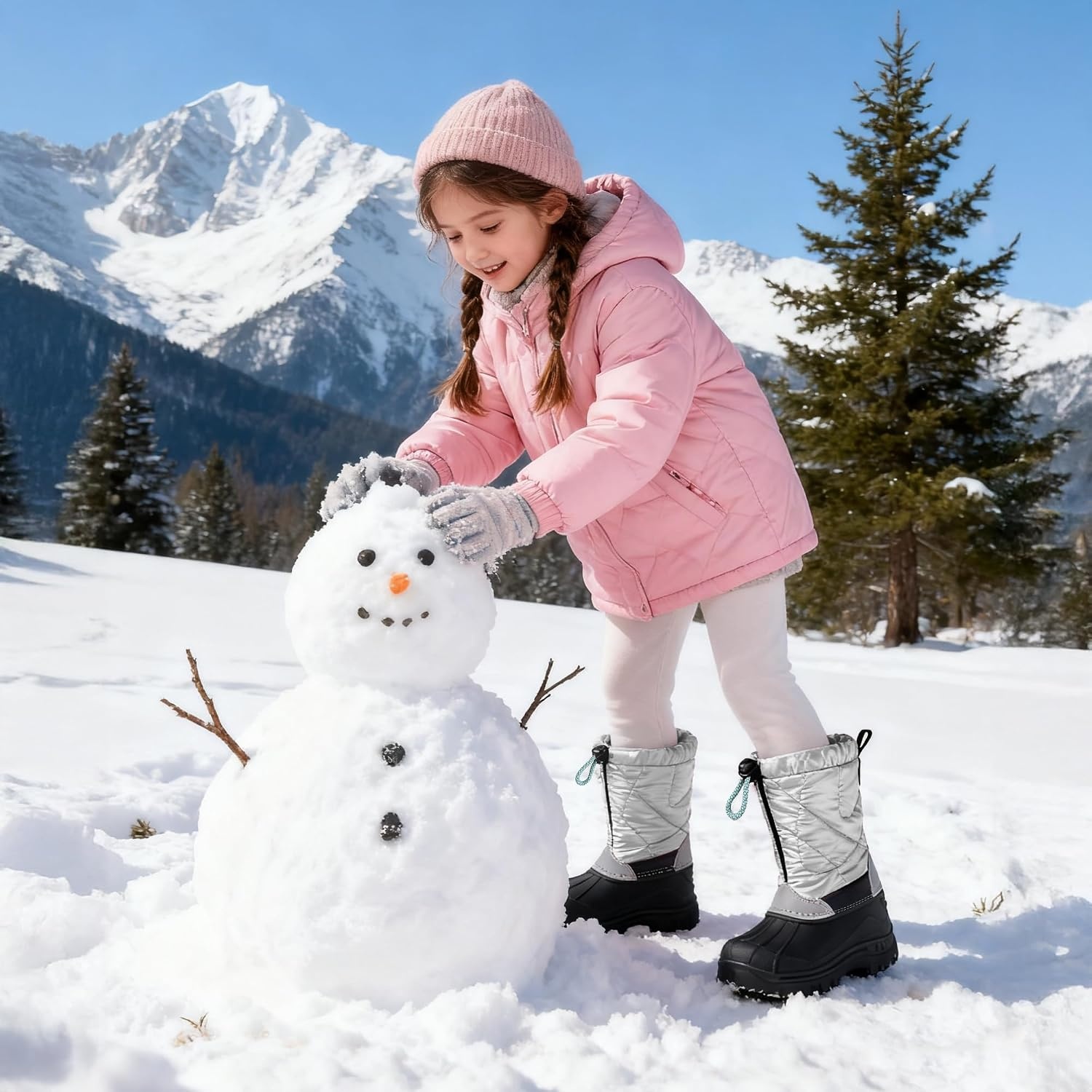 Stelle Girls Snow Boots with Zipper Kids Boys Winter Outdoor Boots(Silver)