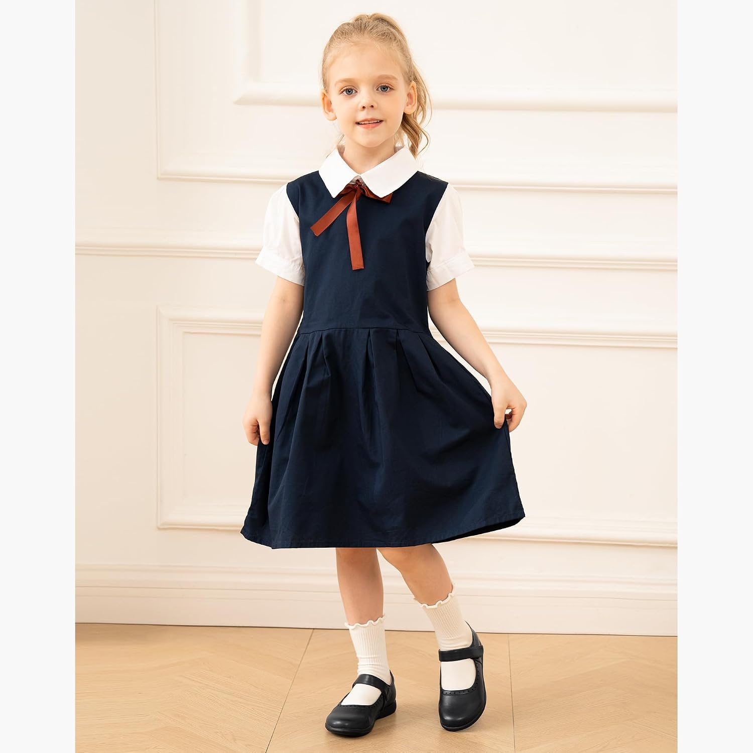 Stelle Mary Jane Shoes for Girls School Uniform Flats Dress Shoes Church for Little/Big Kids(Navy)