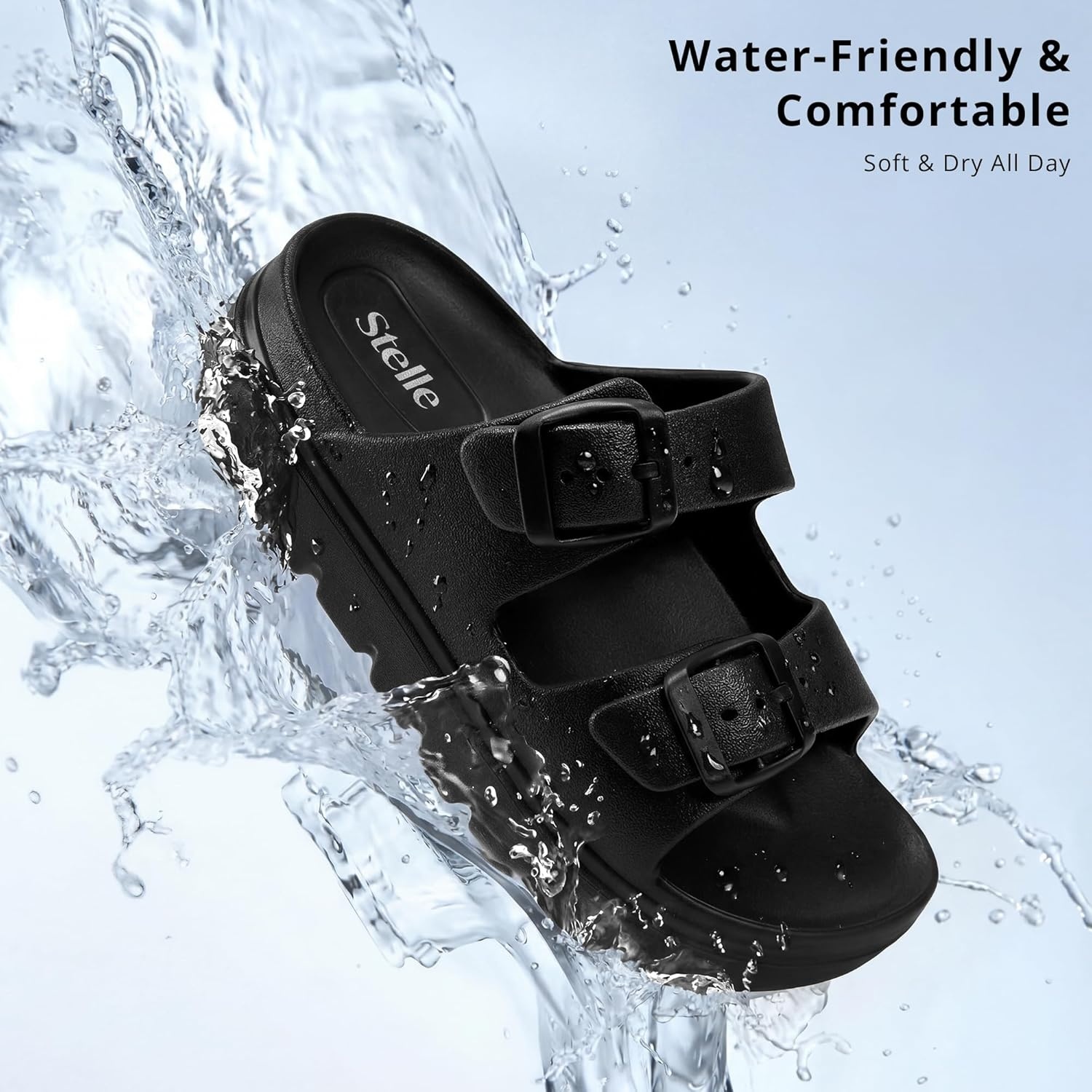Stelle Girls Double Buckle Slide Sandals Boy Slippers Kids Summer Shoes Shower Beach Pool Slip on Clouds(Black)