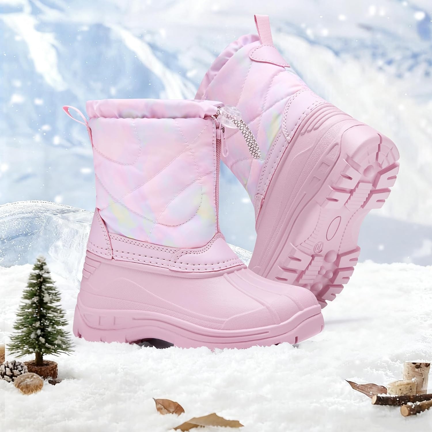 Stelle Girls Snow Boots with Zipper Kids Boys Winter Outdoor Boots | Non-Slip Waterproof TPR Outsole Warm Faux Fur Insulated Lining Easy On/off Cozy Mid-calf Fit with Bungee Adjuster for Toddler(Cotton Candy Marble)