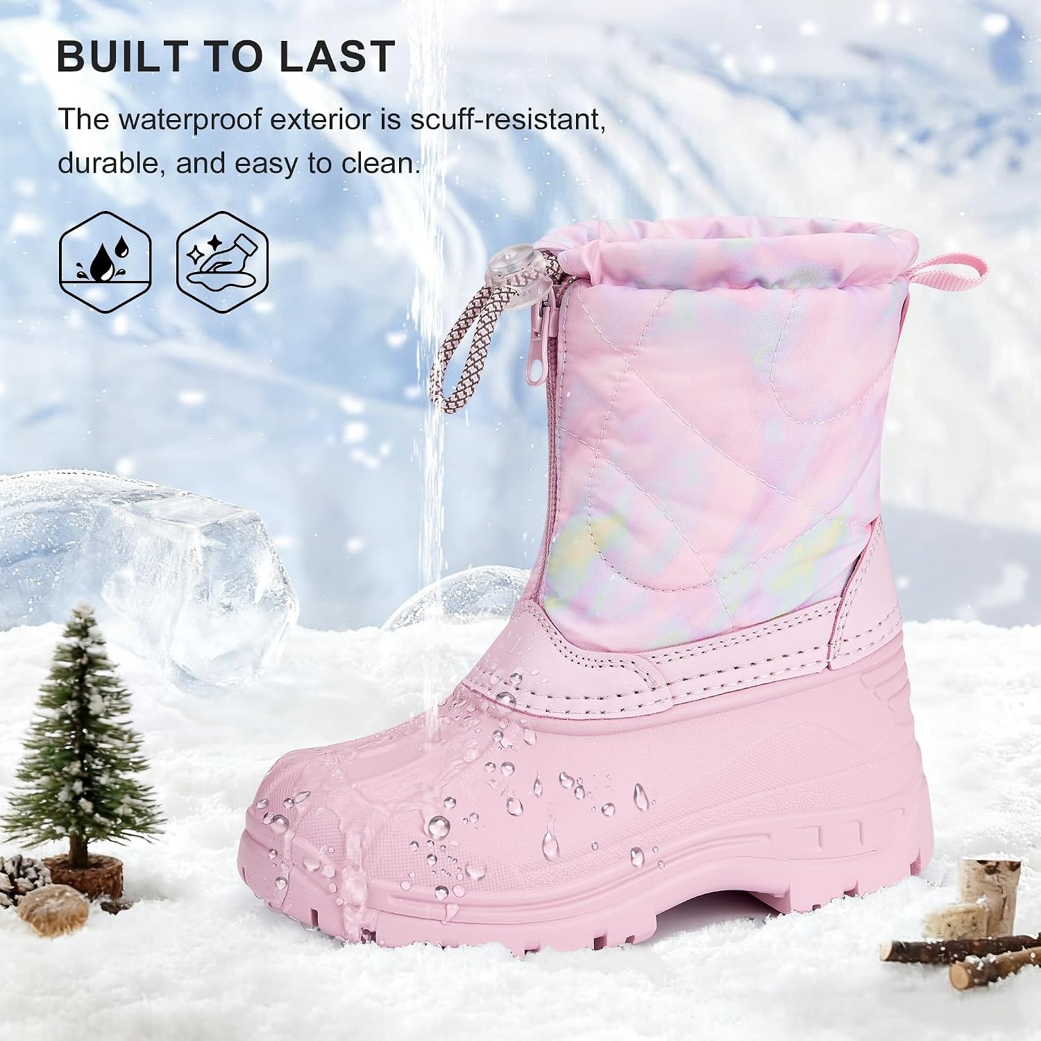 Stelle Girls Snow Boots with Zipper Kids Boys Winter Outdoor Boots | Non-Slip Waterproof TPR Outsole Warm Faux Fur Insulated Lining Easy On/off Cozy Mid-calf Fit with Bungee Adjuster for Toddler(Cotton Candy Marble)
