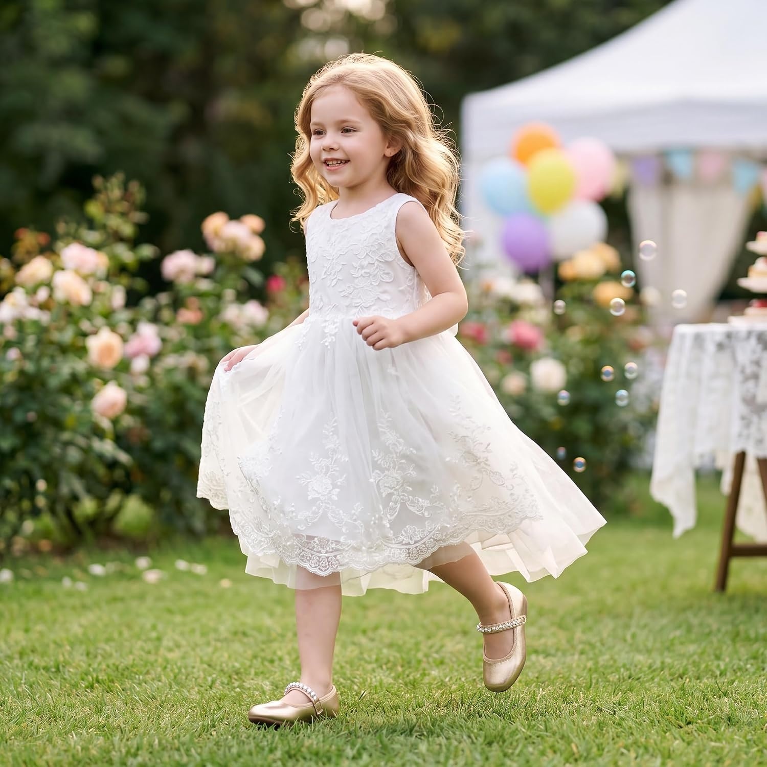 Stelle Girls Wedding Dress Shoes Ballet Flats Flower Party Mary Jane with Beaded Straps Toddler/Little/Big Kids(Gold)