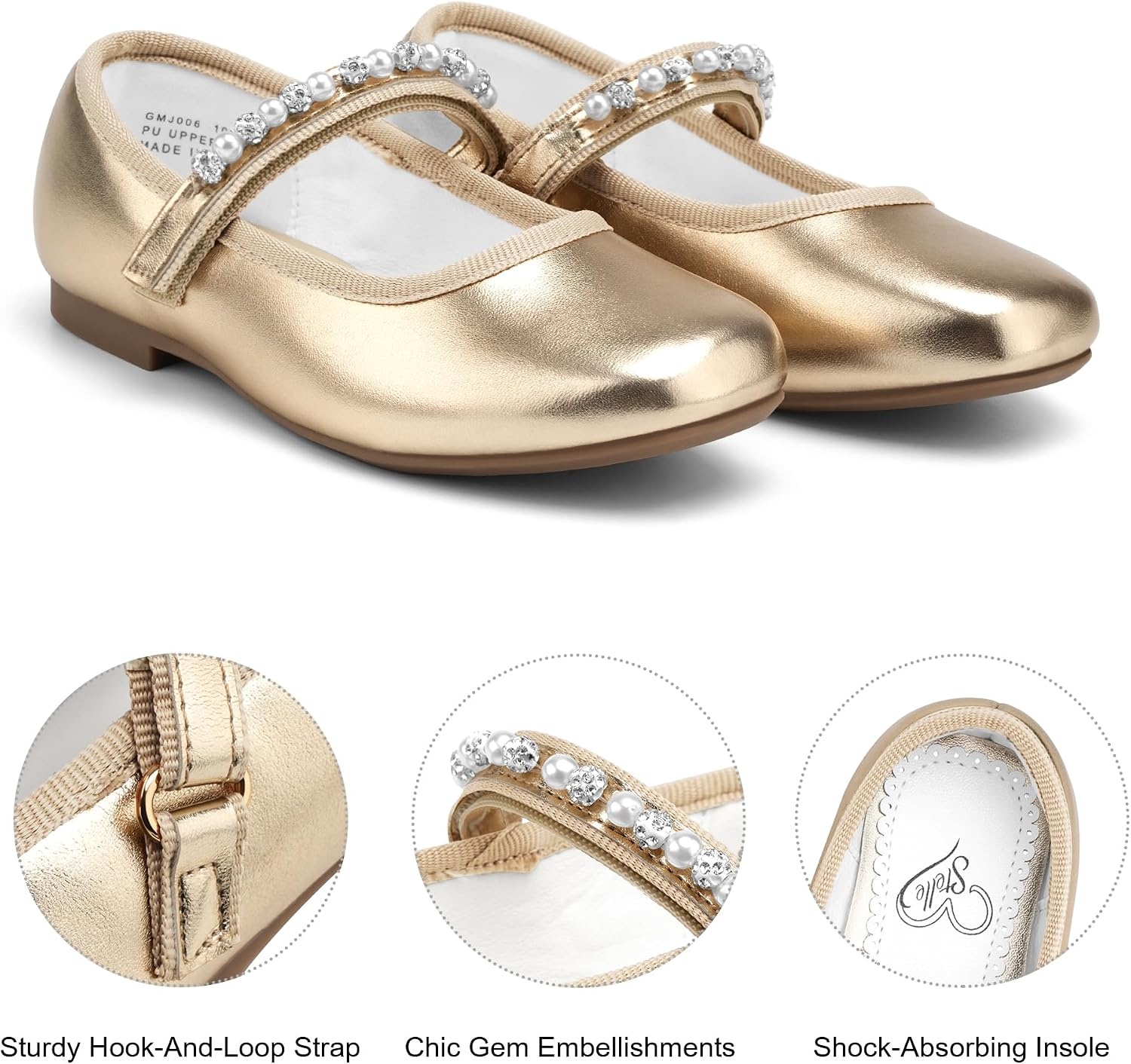 Stelle Girls Wedding Dress Shoes Ballet Flats Flower Party Mary Jane with Beaded Straps Toddler/Little/Big Kids(Gold)
