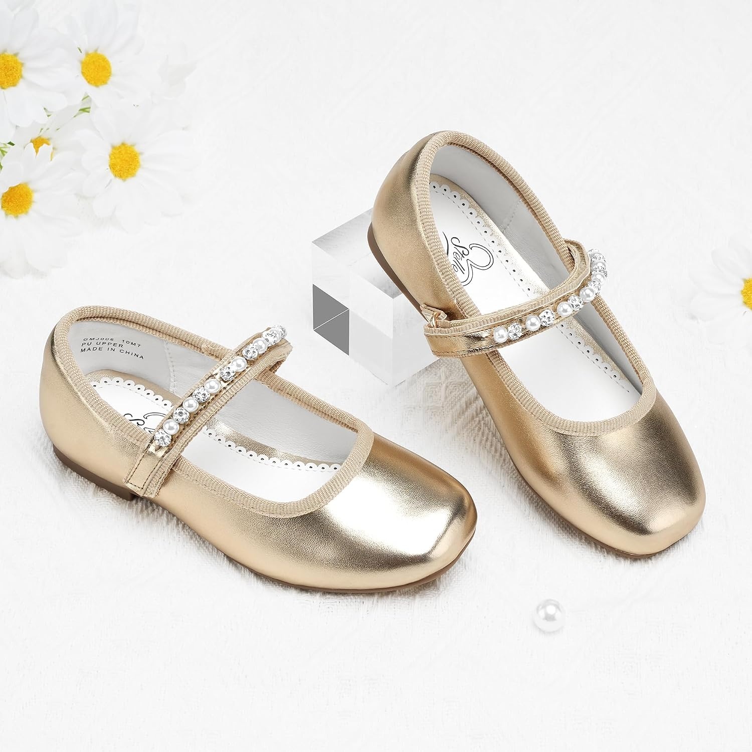 Stelle Girls Wedding Dress Shoes Ballet Flats Flower Party Mary Jane with Beaded Straps Toddler/Little/Big Kids(Gold)