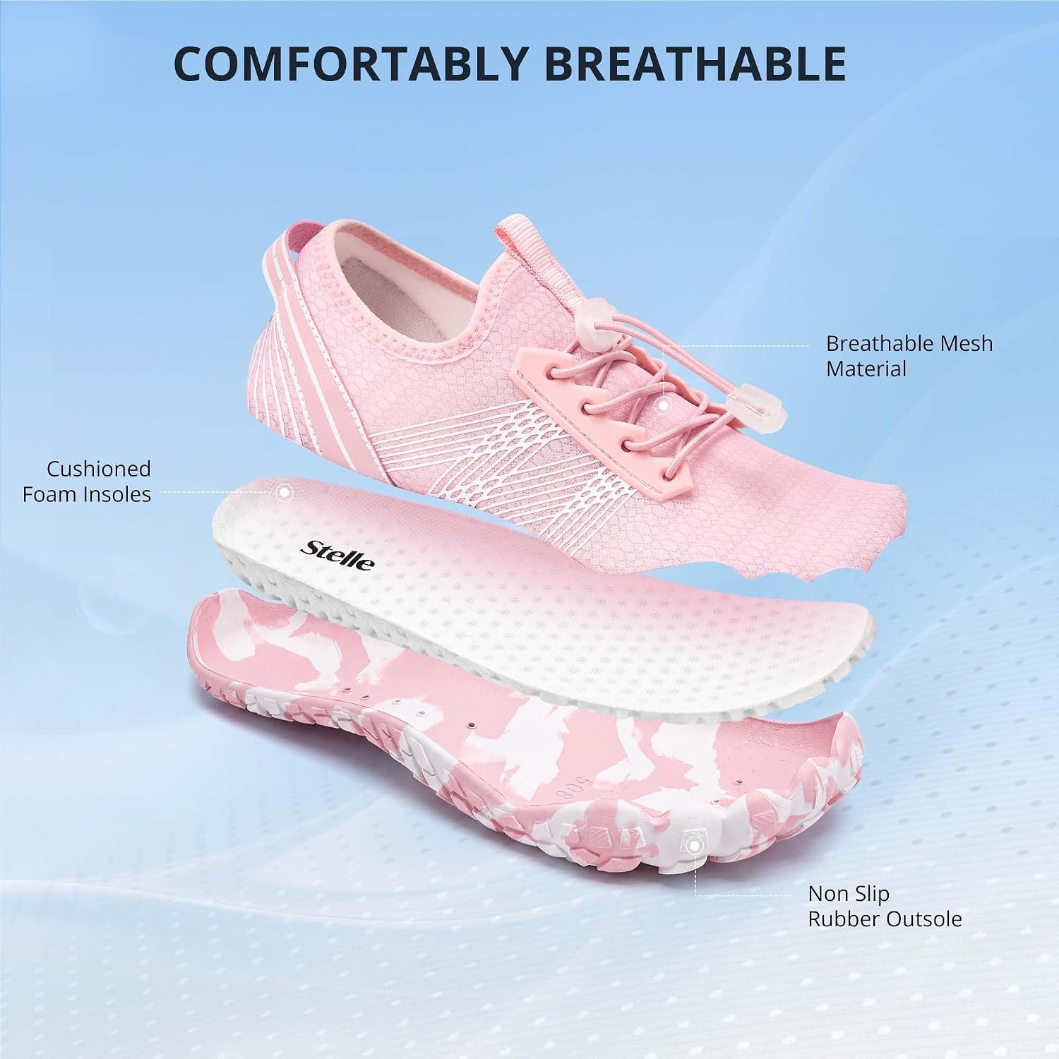 Stelle Womens Water Shoes for Men Adult Aqua Shoes for Swim River | Hiking Beach Boat Pool Quick-Dry Mesh Barefoot Non-Slip Rubber Outsole Lightweight Easy-On Pull Tabs Water Sports(Light Pink)