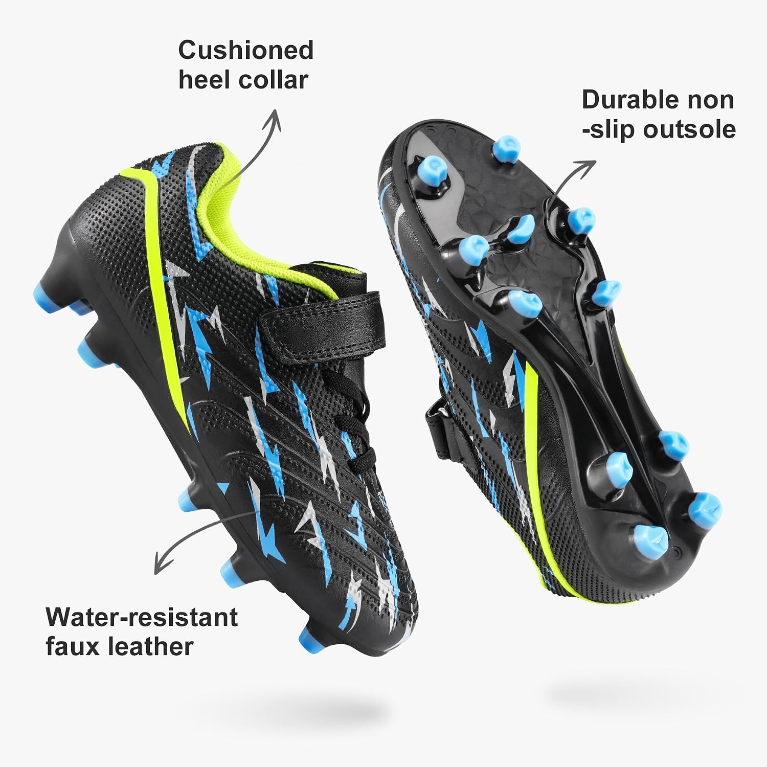 Stelle Boys Soccer Cleats for Kids Girls | Cushioned Comfort Breathable Lining Firm Ground Hook-and-Loop Strap Lightning Design Baseball&Softball Little to Big Kids(Black Voltage)