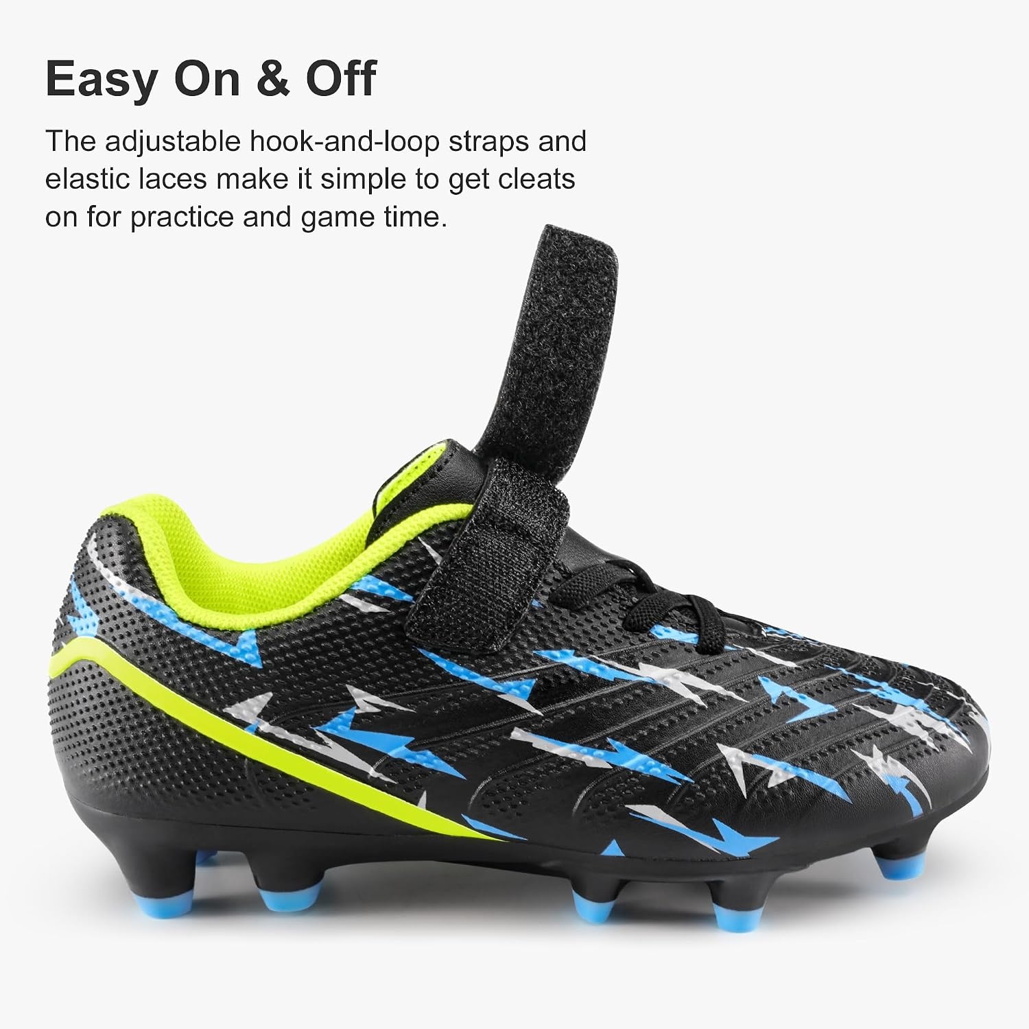 Stelle Boys Soccer Cleats for Kids Girls | Cushioned Comfort Breathable Lining Firm Ground Hook-and-Loop Strap Lightning Design Baseball&Softball Little to Big Kids(Black Voltage)