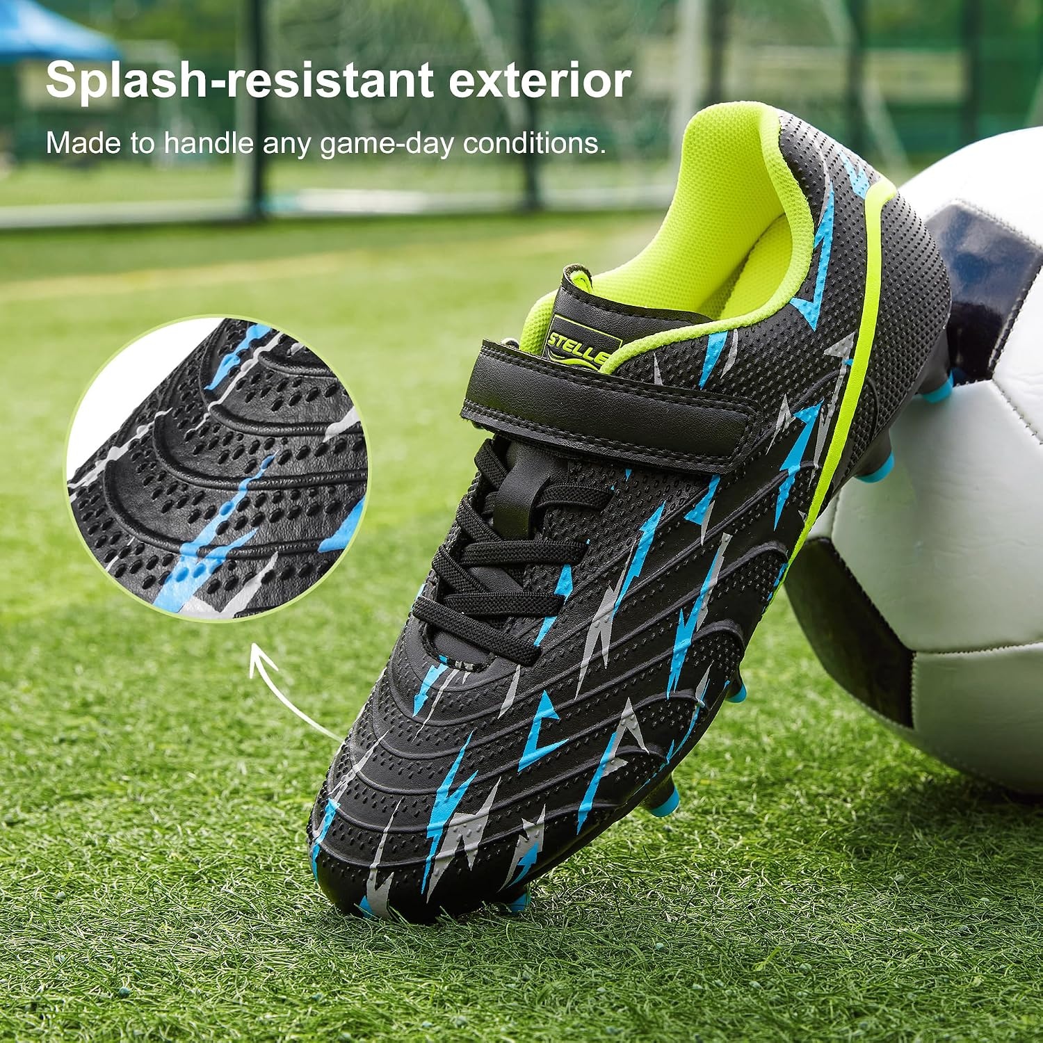 Stelle Boys Soccer Cleats for Kids Girls | Cushioned Comfort Breathable Lining Firm Ground Hook-and-Loop Strap Lightning Design Baseball&Softball Little to Big Kids(Black Voltage)