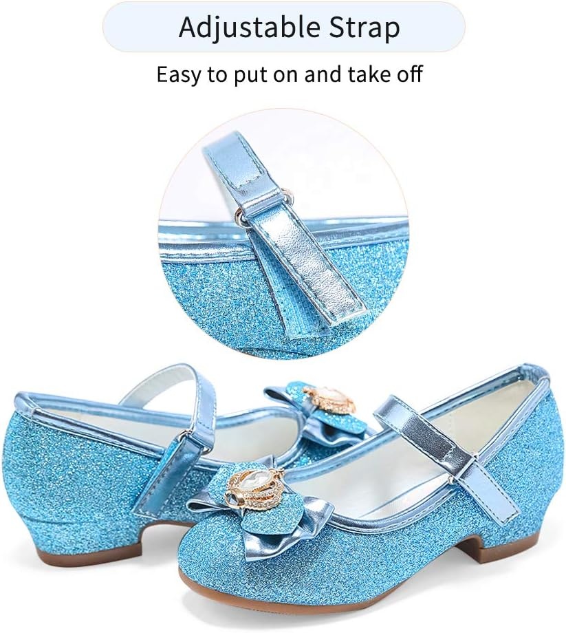 Stelle Girls Dress Shoes Glitter Princess Low Heels for Party Wedding Prom(T13-elsa Blue Glitter)