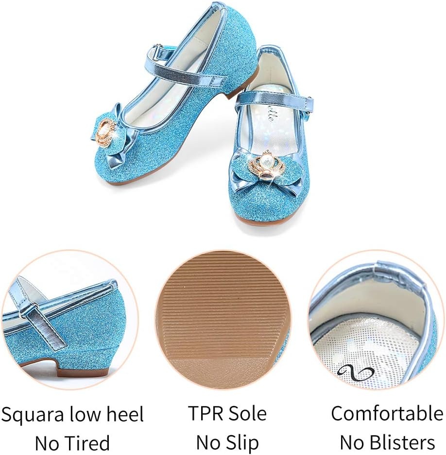 Stelle Girls Dress Shoes Glitter Princess Low Heels for Party Wedding Prom(T13-elsa Blue Glitter)