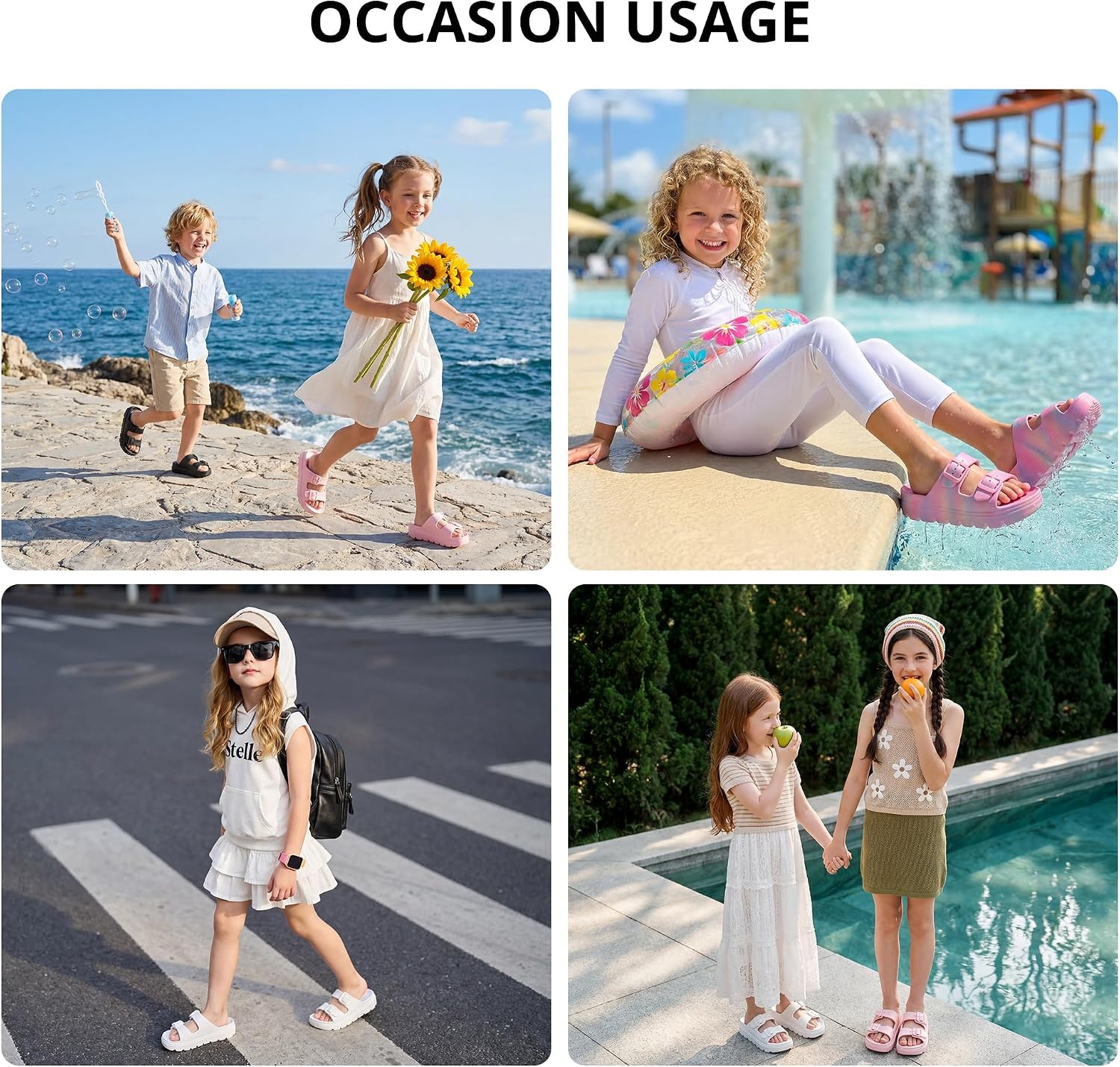 Stelle Girls Double Buckle Slide Sandals Boy Slippers Kids Summer Shoes Shower Beach Pool Slip on Clouds(White)