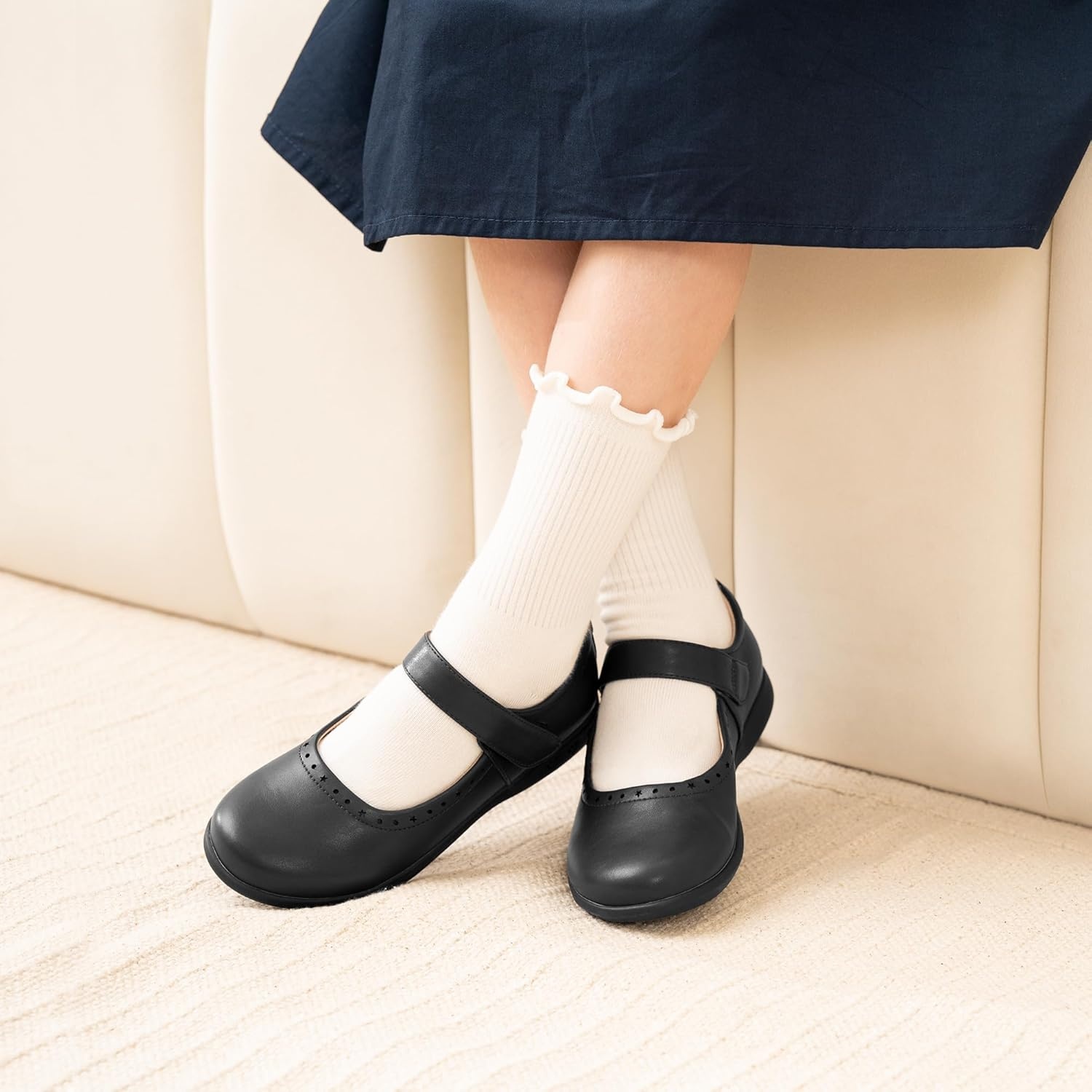 Stelle Mary Jane Shoes for Girls School Uniform Flats Dress Shoes Church for Little/Big Kids | Breathable upper, Hook-and-loop strap, Cushioned comfort, Flexible outsole, Uniform, Party, Dress occasions(Navy)