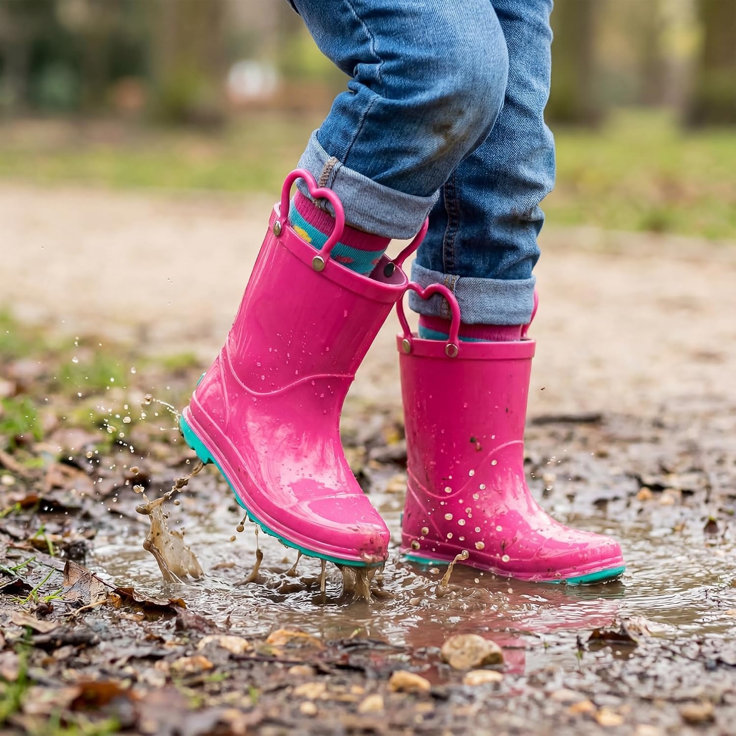 Stelle Girls Rain Boots with Easy-On Handles Kids Boys Boots(Fuchsia)