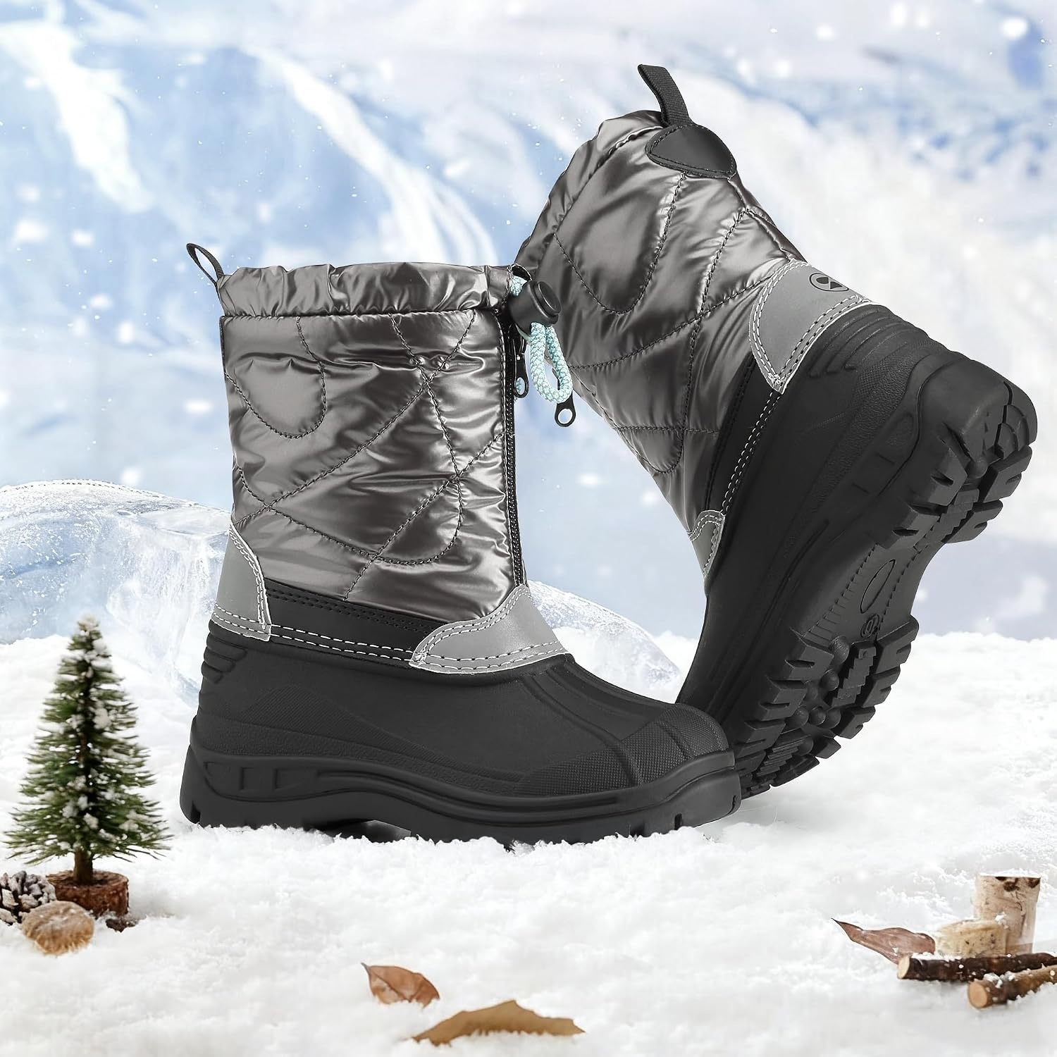 Stelle Girls Snow Boots with Zipper Kids Boys Winter Outdoor Boots(Grey)