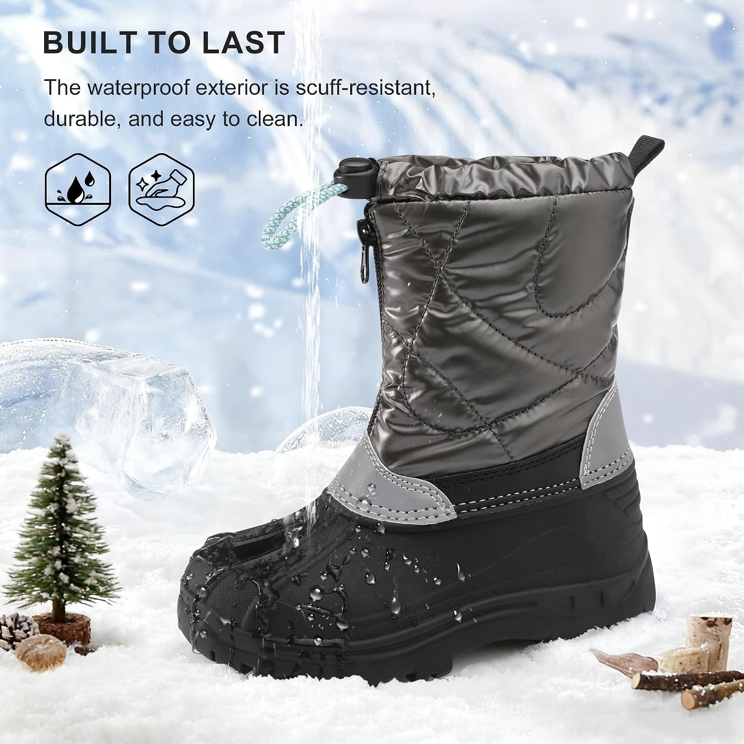 Stelle Girls Snow Boots with Zipper Kids Boys Winter Outdoor Boots(Grey)