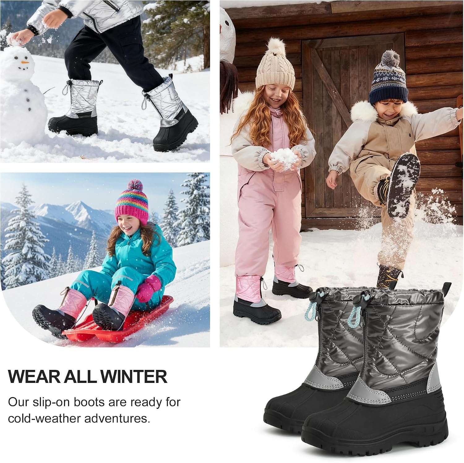 Stelle Girls Snow Boots with Zipper Kids Boys Winter Outdoor Boots(Grey)