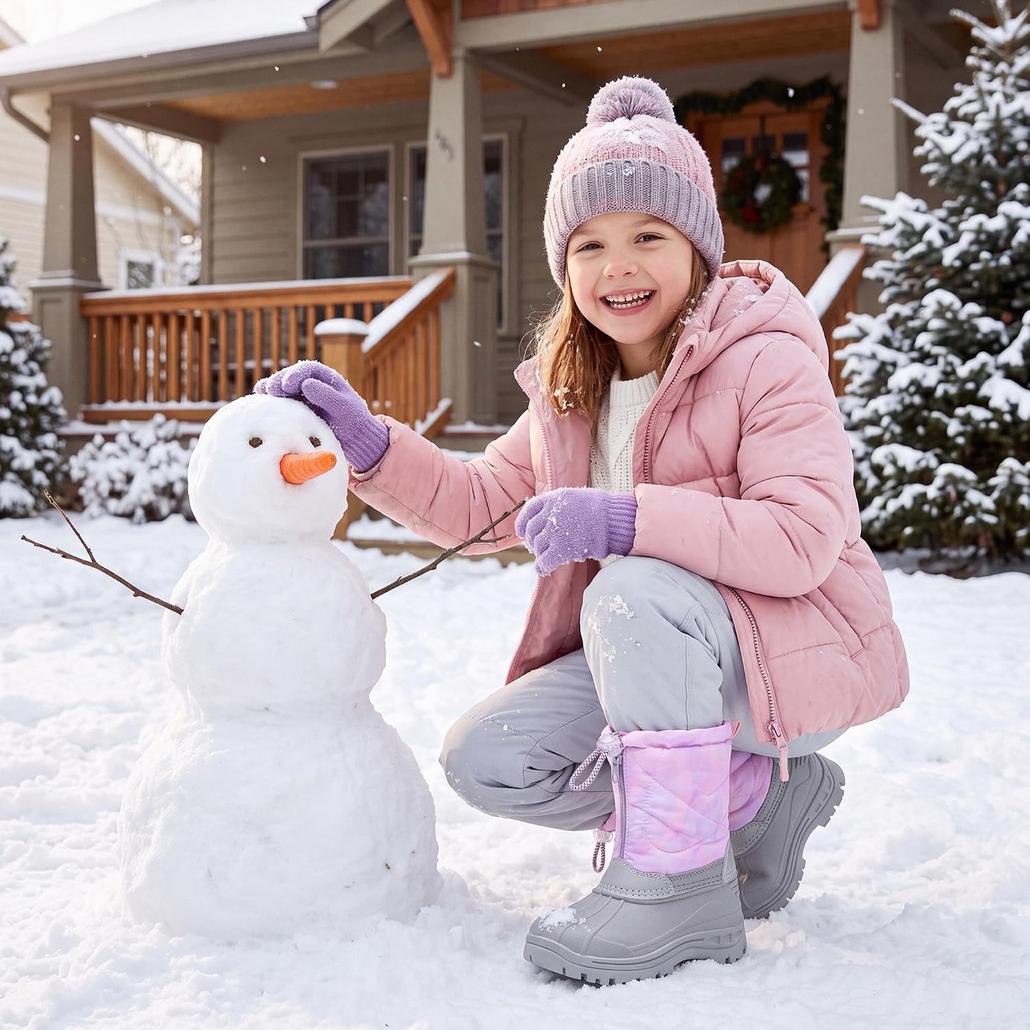 Stelle Girls Snow Boots with Zipper Kids Boys Winter Outdoor Boots | Non-Slip Waterproof TPR Outsole Warm Faux Fur Insulated Lining Easy On/off Cozy Mid-calf Fit with Bungee Adjuster for Toddler(Marshmellow Marble)