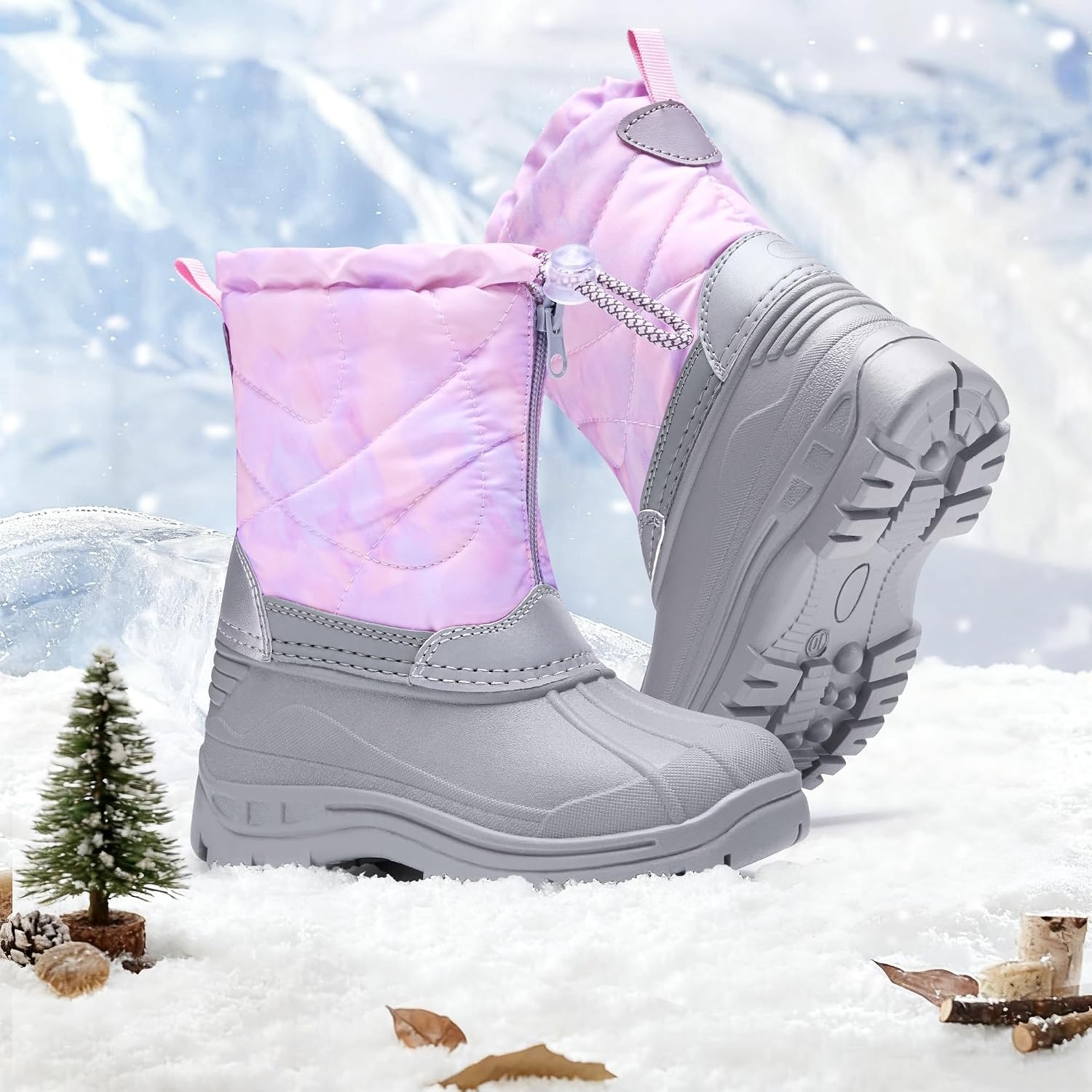 Stelle Girls Snow Boots with Zipper Kids Boys Winter Outdoor Boots | Non-Slip Waterproof TPR Outsole Warm Faux Fur Insulated Lining Easy On/off Cozy Mid-calf Fit with Bungee Adjuster for Toddler(Marshmellow Marble)