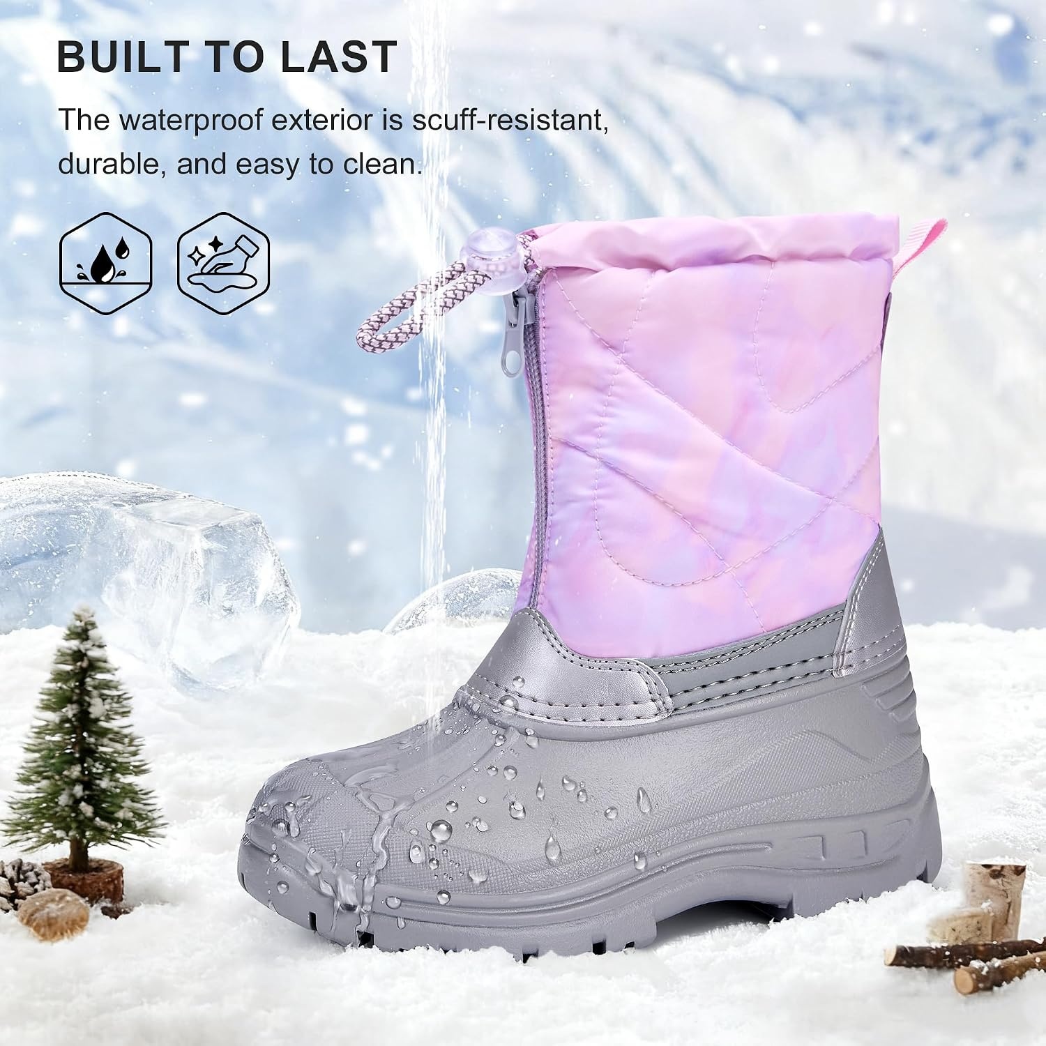 Stelle Girls Snow Boots with Zipper Kids Boys Winter Outdoor Boots | Non-Slip Waterproof TPR Outsole Warm Faux Fur Insulated Lining Easy On/off Cozy Mid-calf Fit with Bungee Adjuster for Toddler(Marshmellow Marble)