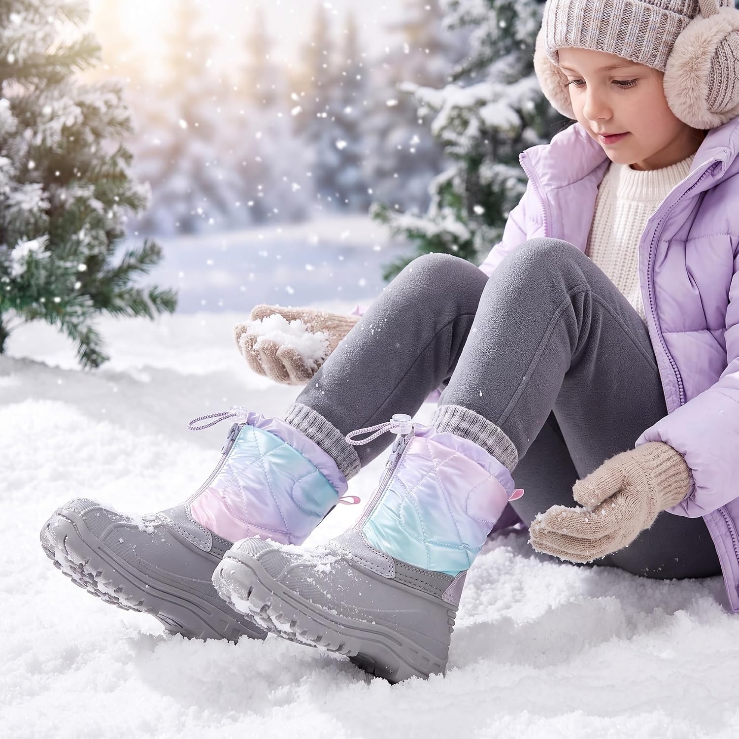 Stelle Girls Snow Boots with Zipper Kids Boys Winter Outdoor Boots | Non-Slip Waterproof TPR Outsole Warm Faux Fur Insulated Lining Easy On/off Cozy Mid-calf Fit with Bungee Adjuster for Toddler(Holo Frost)