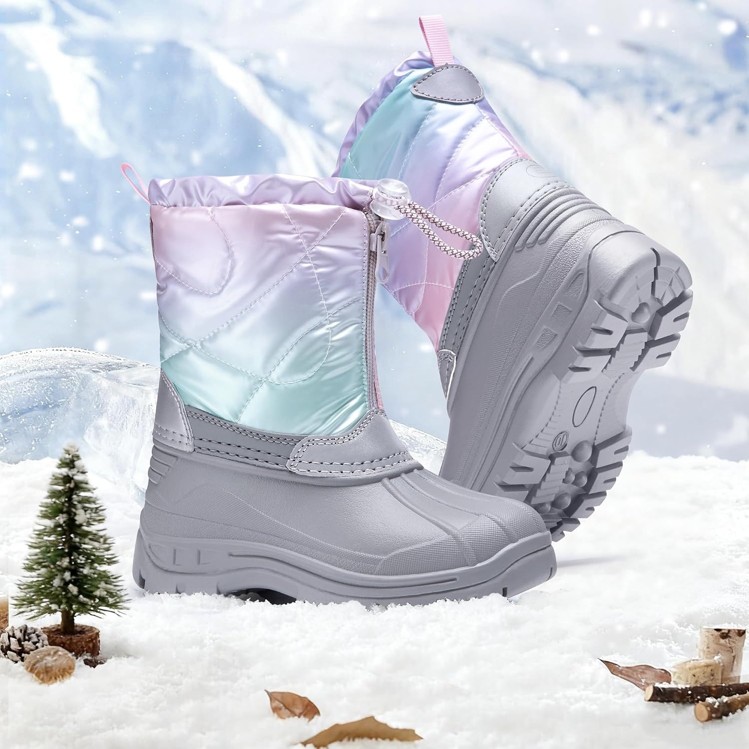 Stelle Girls Snow Boots with Zipper Kids Boys Winter Outdoor Boots | Non-Slip Waterproof TPR Outsole Warm Faux Fur Insulated Lining Easy On/off Cozy Mid-calf Fit with Bungee Adjuster for Toddler(Holo Frost)