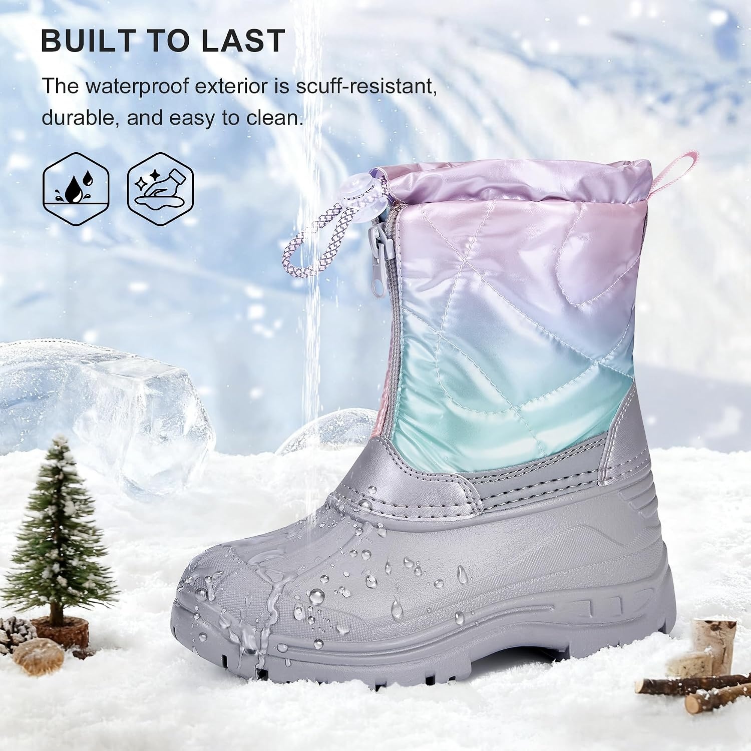 Stelle Girls Snow Boots with Zipper Kids Boys Winter Outdoor Boots | Non-Slip Waterproof TPR Outsole Warm Faux Fur Insulated Lining Easy On/off Cozy Mid-calf Fit with Bungee Adjuster for Toddler(Holo Frost)