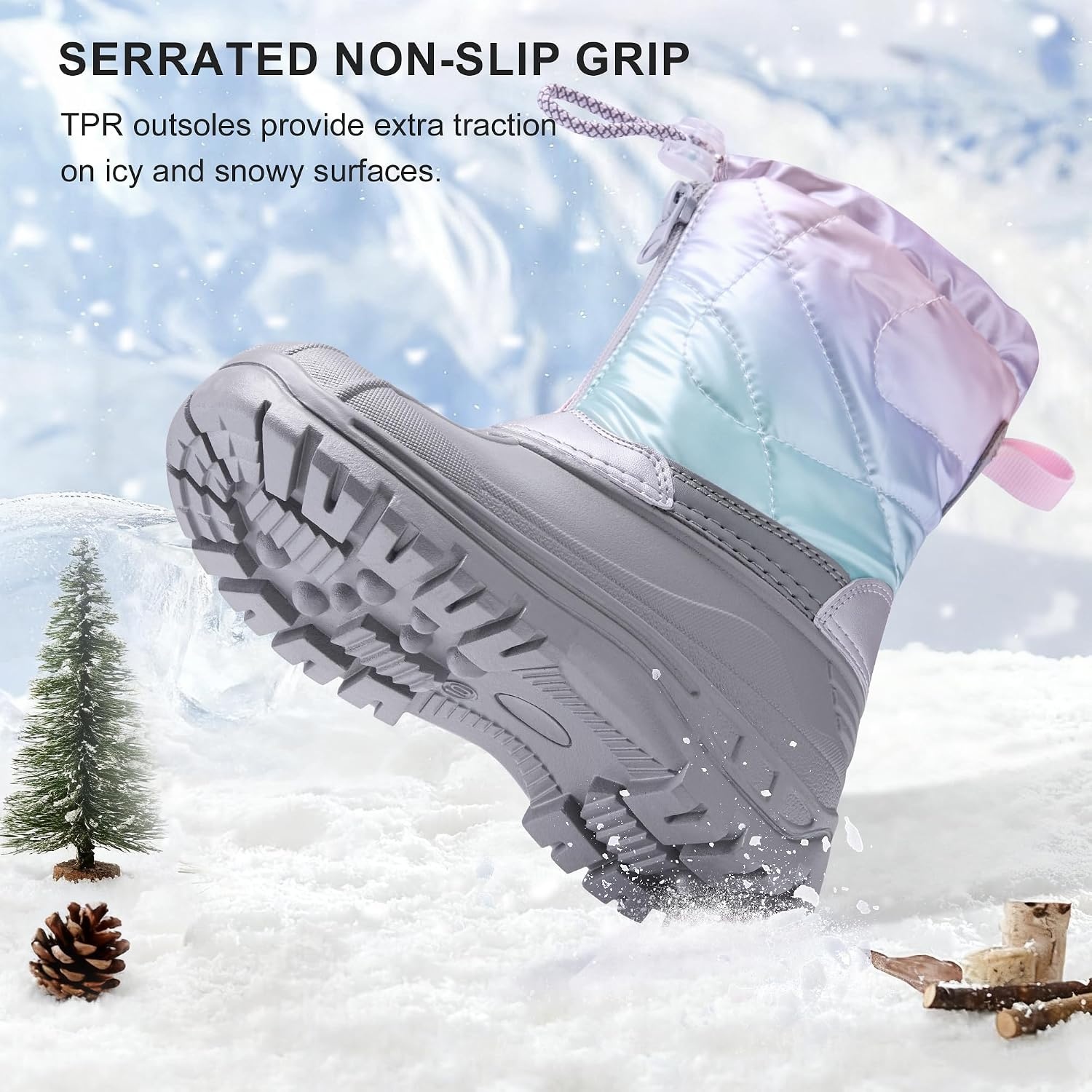 Stelle Girls Snow Boots with Zipper Kids Boys Winter Outdoor Boots | Non-Slip Waterproof TPR Outsole Warm Faux Fur Insulated Lining Easy On/off Cozy Mid-calf Fit with Bungee Adjuster for Toddler(Holo Frost)