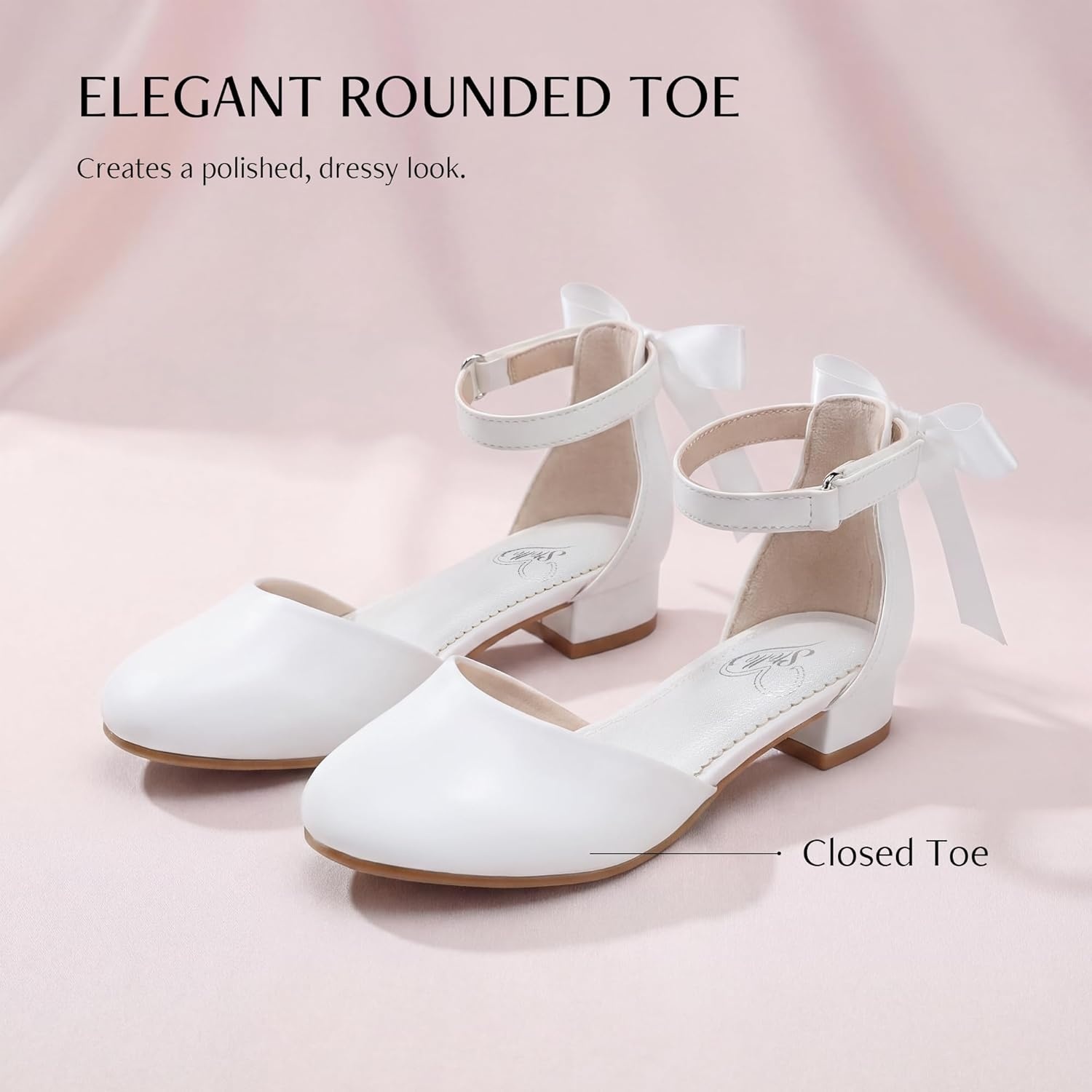 Stelle Girls Low Heel Dress Shoes with Detachable Bow for Wedding Party | Removable bow, Princess shoes, Flower girl, Dress occasions, PU finish, Glitter finish, Ankle Strap, Closed Toe, Toddler(White)