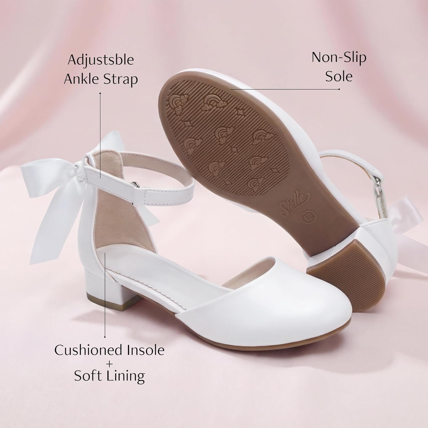 Stelle Girls Low Heel Dress Shoes with Detachable Bow for Wedding Party | Removable bow, Princess shoes, Flower girl, Dress occasions, PU finish, Glitter finish, Ankle Strap, Closed Toe, Toddler(White)
