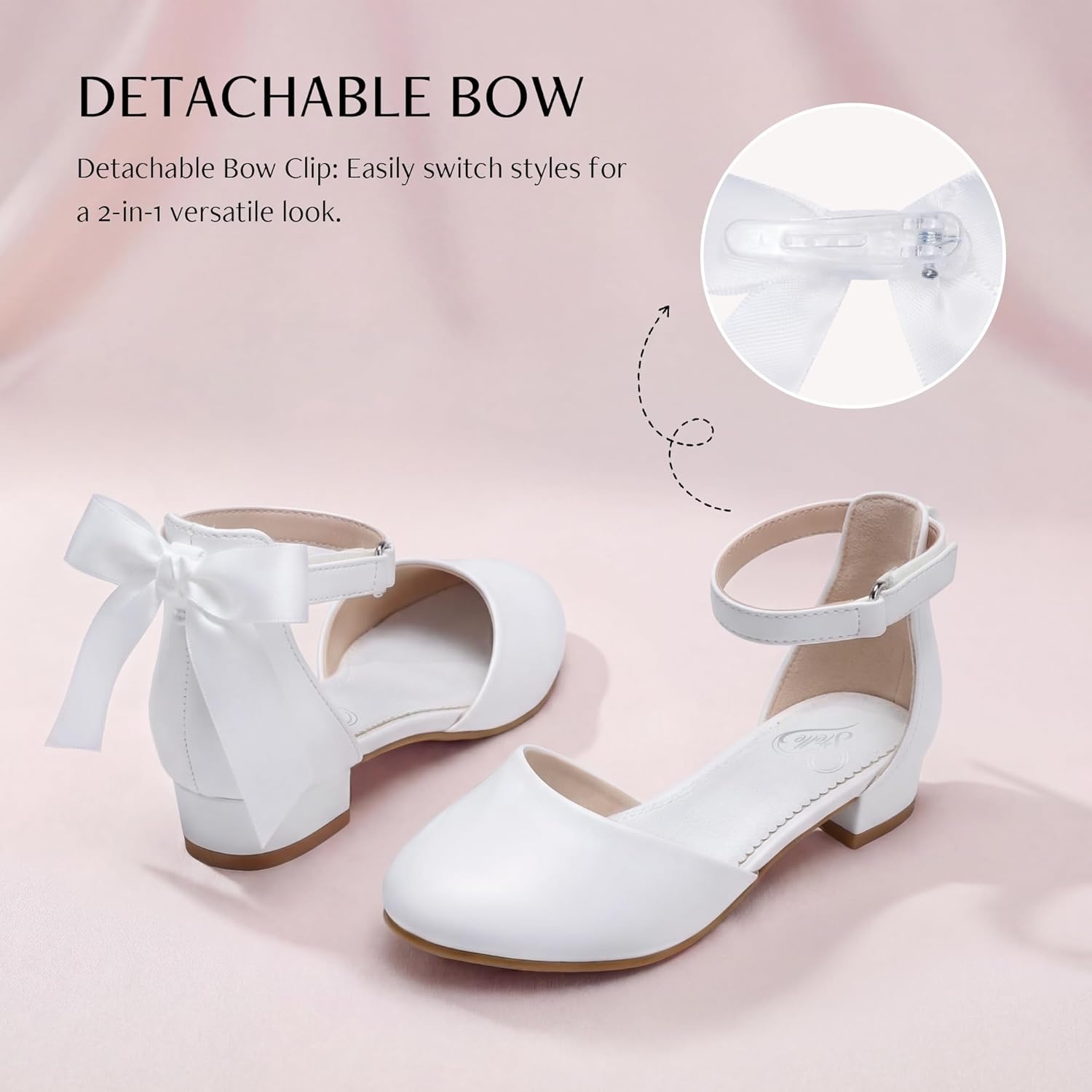Stelle Girls Low Heel Dress Shoes with Detachable Bow for Wedding Party | Removable bow, Princess shoes, Flower girl, Dress occasions, PU finish, Glitter finish, Ankle Strap, Closed Toe, Toddler(White)
