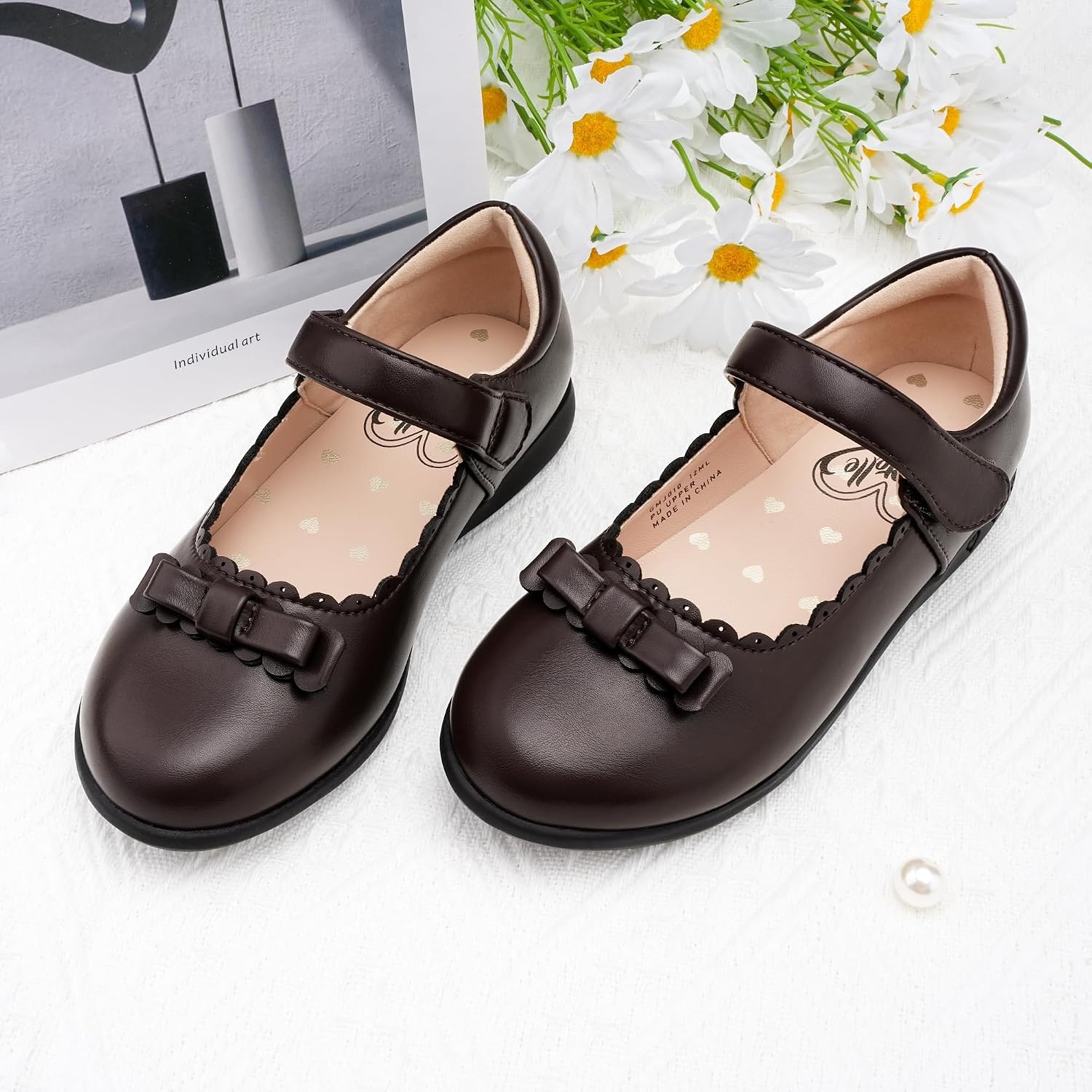 Stelle School Shoes for Girls Bow Mary Jane Dress Shoes | Scalloped edge detail, Cushioned insole, Flexible outsole, Hook-and-loop strap, Comfortable all-day wear(Brown)