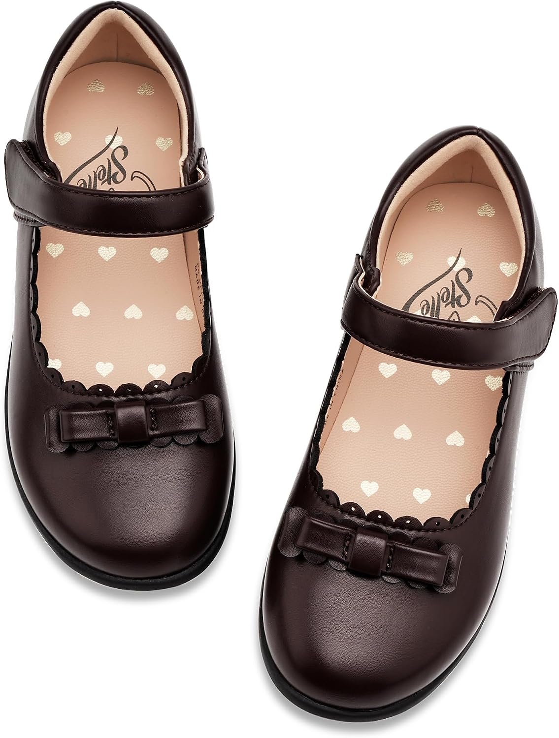 Stelle School Shoes for Girls Bow Mary Jane Dress Shoes | Scalloped edge detail, Cushioned insole, Flexible outsole, Hook-and-loop strap, Comfortable all-day wear(Brown)