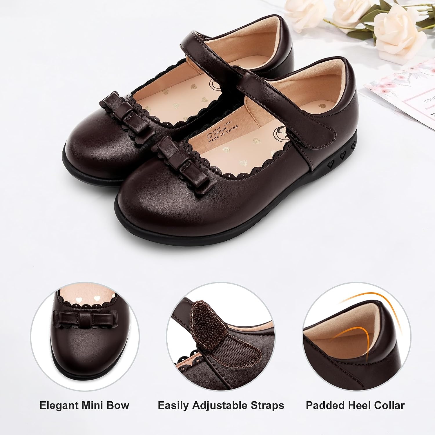 Stelle School Shoes for Girls Bow Mary Jane Dress Shoes | Scalloped edge detail, Cushioned insole, Flexible outsole, Hook-and-loop strap, Comfortable all-day wear(Brown)