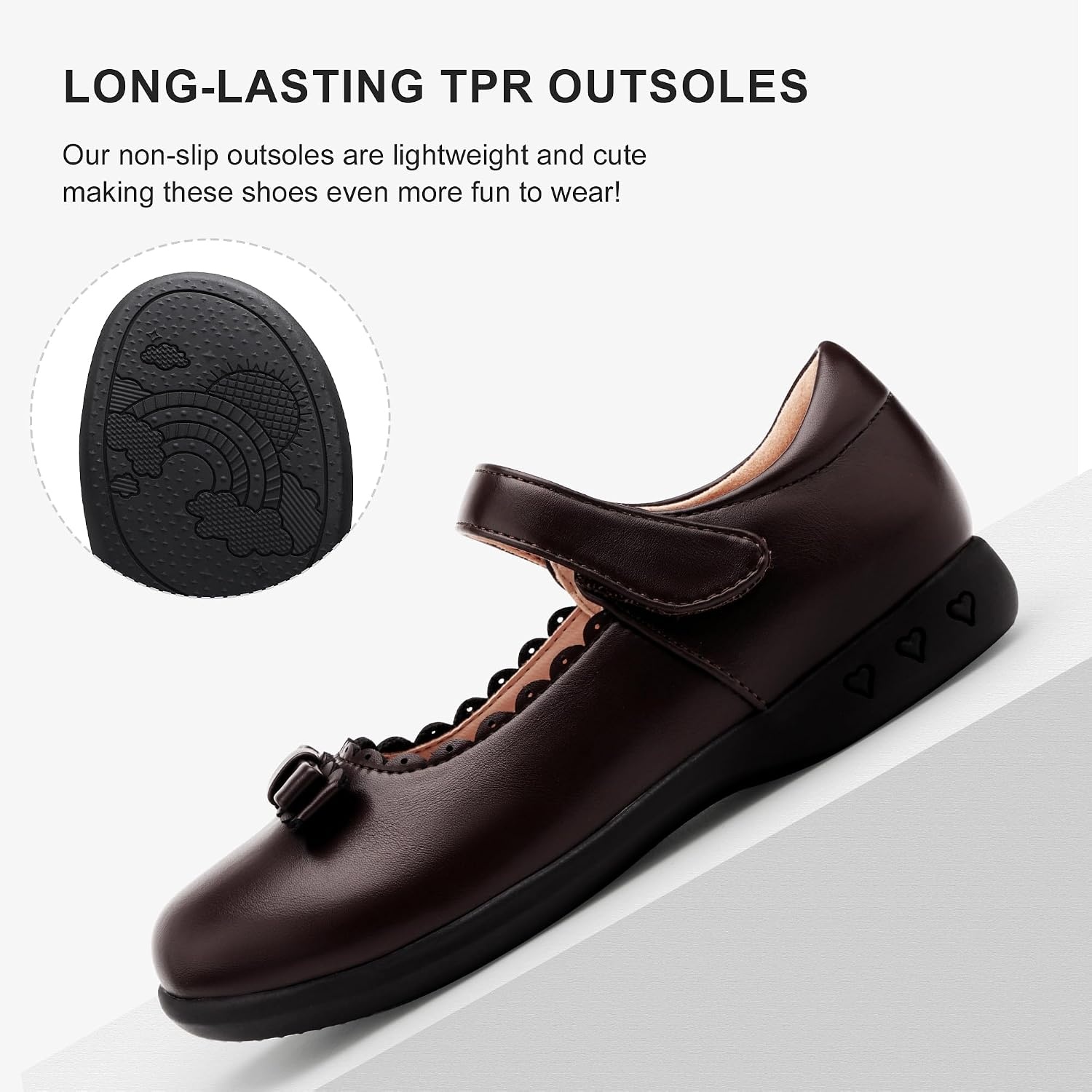Stelle School Shoes for Girls Bow Mary Jane Dress Shoes | Scalloped edge detail, Cushioned insole, Flexible outsole, Hook-and-loop strap, Comfortable all-day wear(Brown)